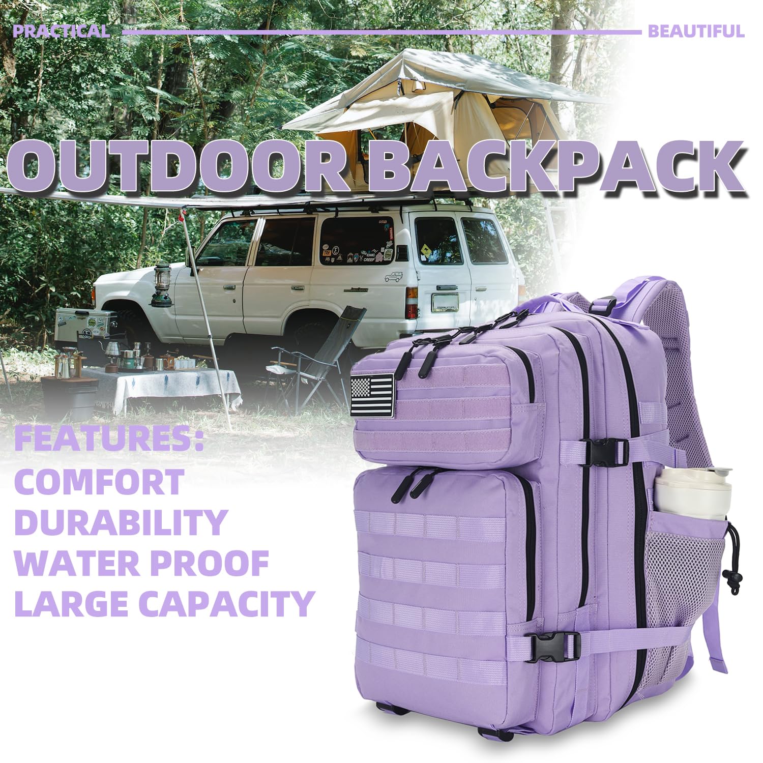 Lovelinks21 Sac à dos tactique 25 L imperméable militaire pour homme et femme Petit sac à dos de voyage Velcro, violet clair, S