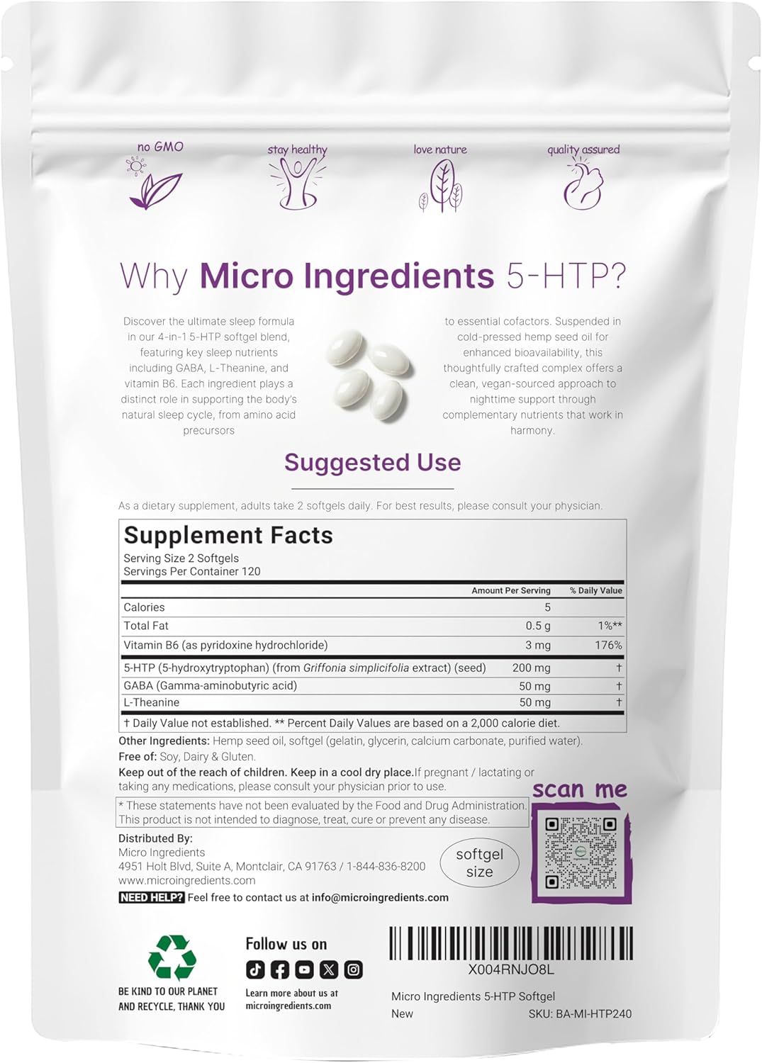 Micro Ingredients 5-HTP 200mg, 240 Softgels | Extra Strength 5-Hydroxytryptophan Complex with GABA, L-Theanine, Vitamin B6 | Highly Bioavailable with Hemp Seed Oil Carrier | Non-GMO