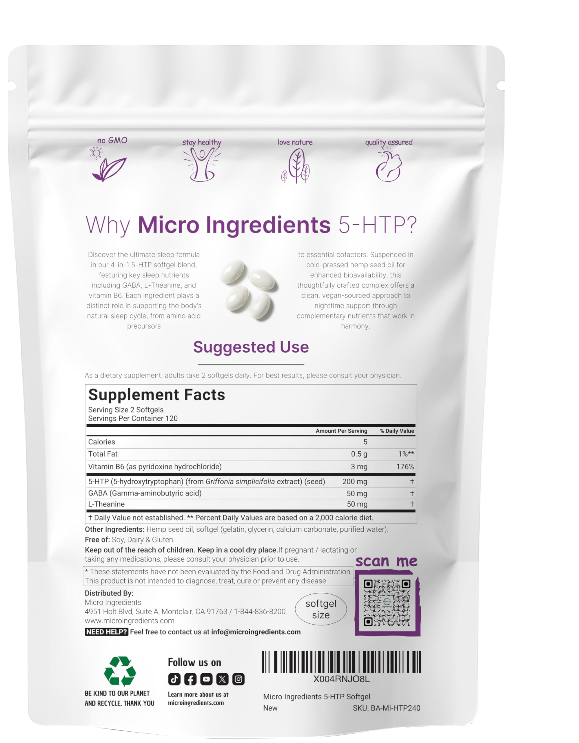 5-HTP 200mg with GABA, L-Theanine and Vitamin B6, 240 Softgels — Amazon image 2