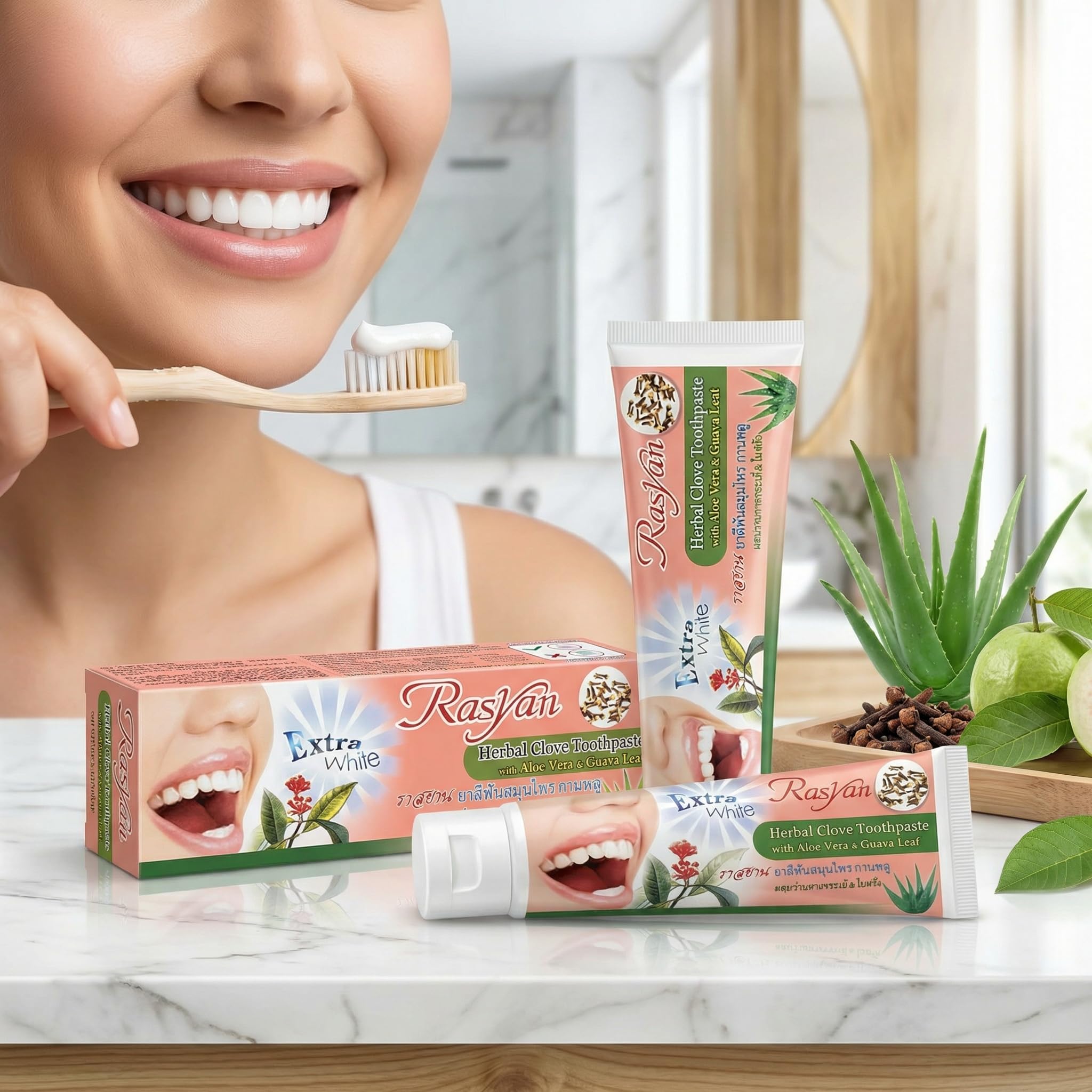 RasYan Dentifrice Herbal au Clou de Girofle. Aloe Vera & Feuille de Goyave - Pâte Dentaire Extra Blanc pour Hygiène Bucco-dentaire - 100g - Fabriqué en Thaïlande