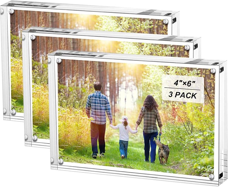 Boxalls Marcos de fotos acrílicos de 4 x 6 pulgadas, paquete de 3, marcos de fotos sin marco de escritorio con magnético, transparente de doble cara (paquete de 3)