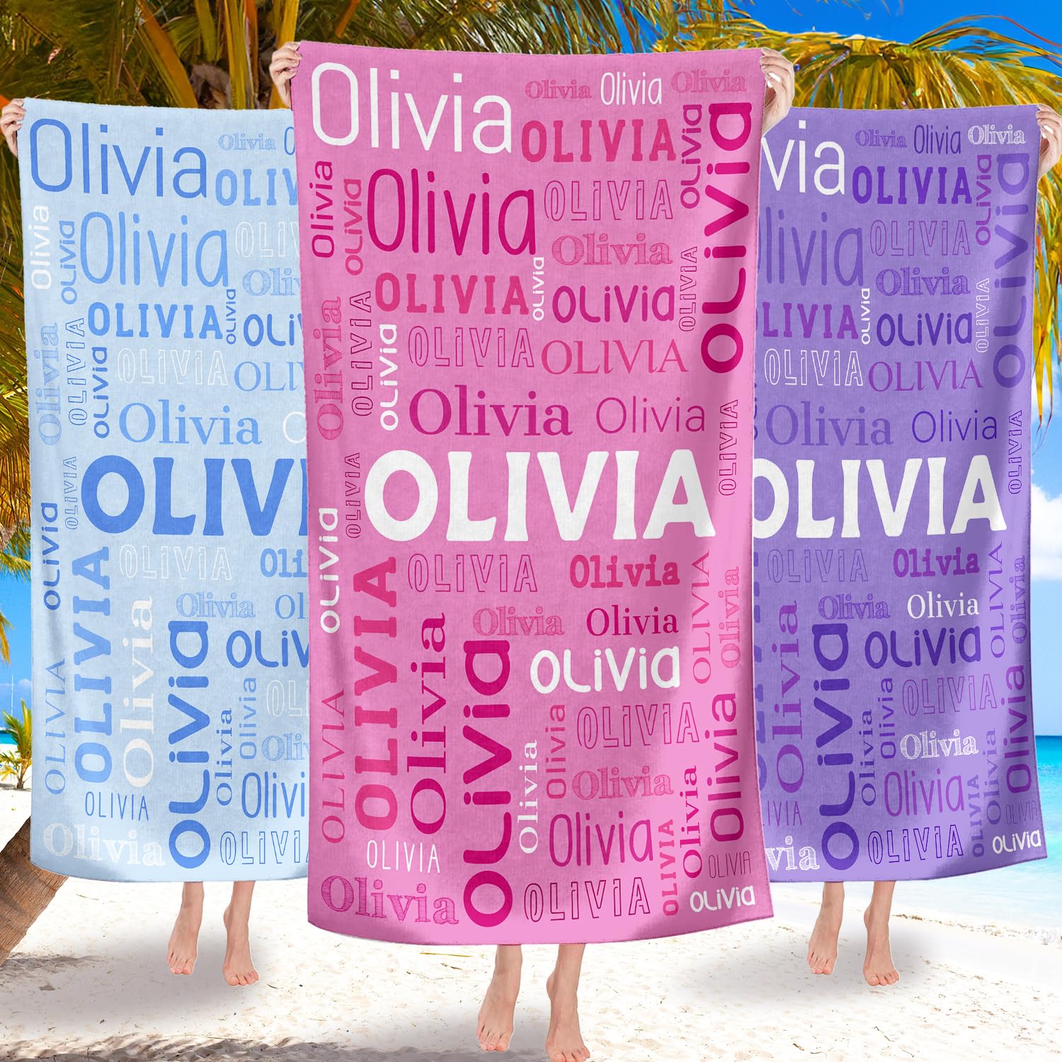 Custom Name Beach Towel, Personalized Pool Towel with Name for Kids Adults, Customized Name Swimming Towels for Men Women Boys Girls