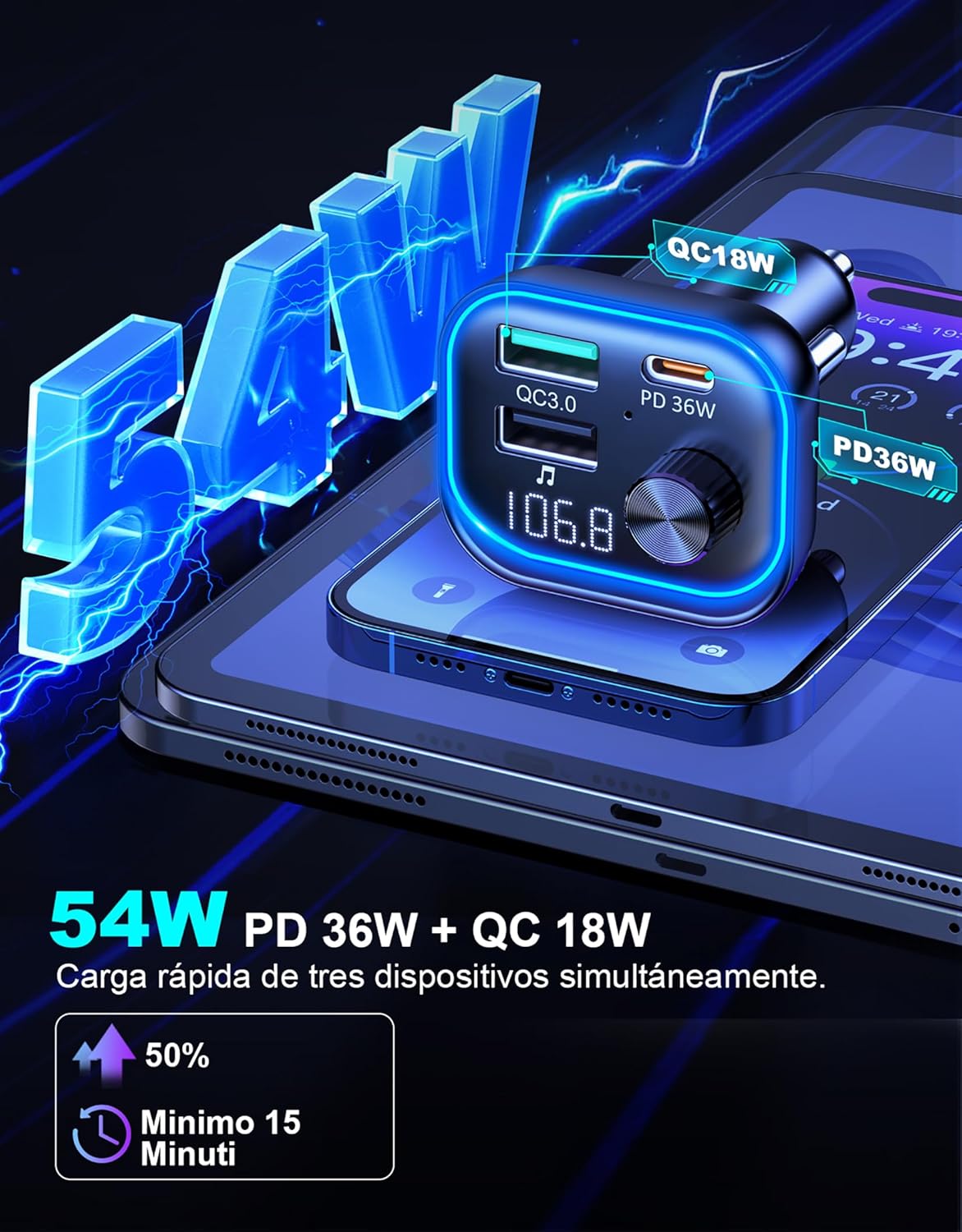 ISEYOU Trasmettitore FM Bluetooth 5.3 per Auto, [36W PD & 18W QC3.0 ] Adattatore Bluetooth Auto a Tre Porte di Ricarica Rapida, Chiamata Vivavoce con Musica Hi-Fi, Luce Commutabile in 7 Colori - Immagine 4