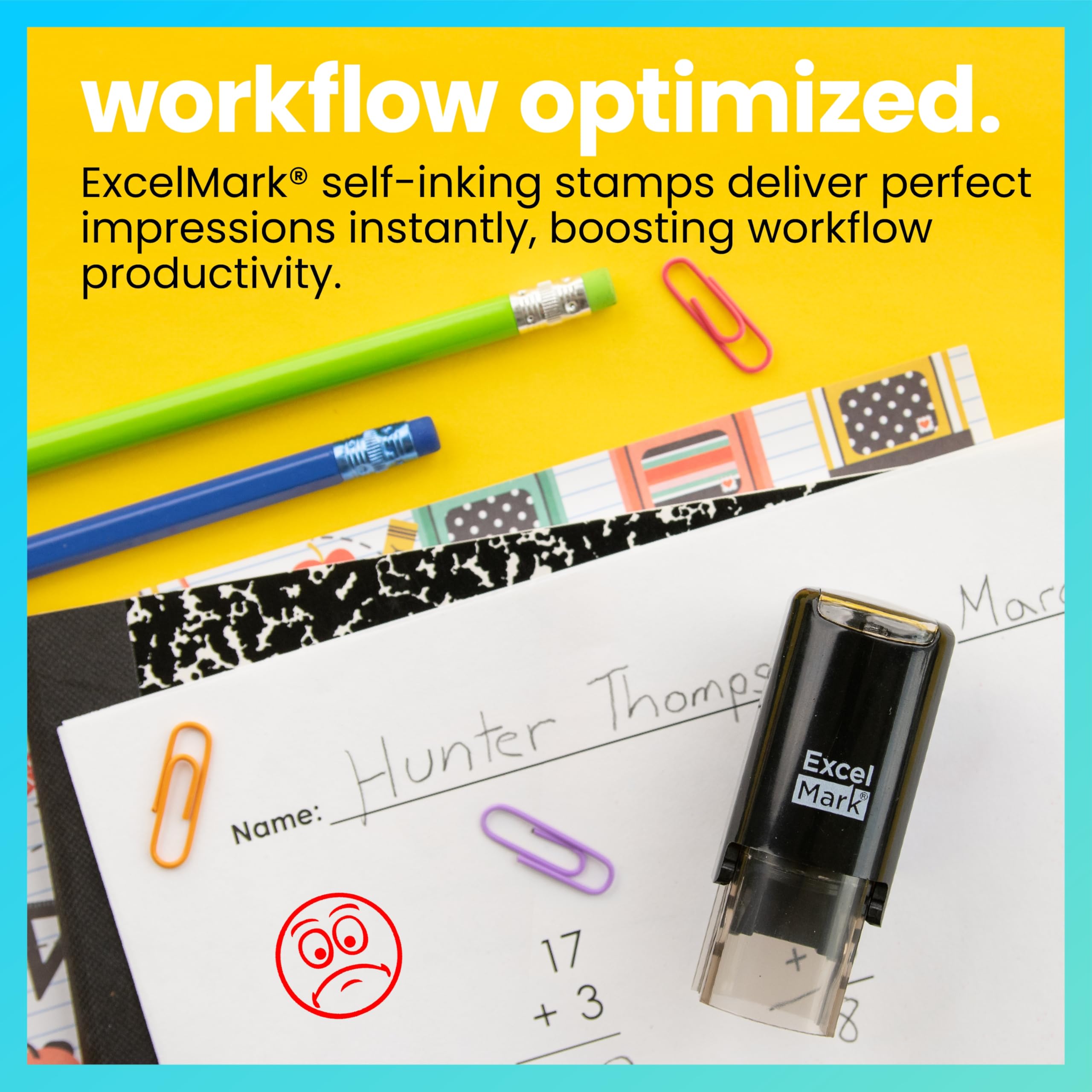 Round Self-Inking Teacher Stamp - Frown Face 2 In RED Ink, 5/8" Impression, Reversible Ink Pad - View #7