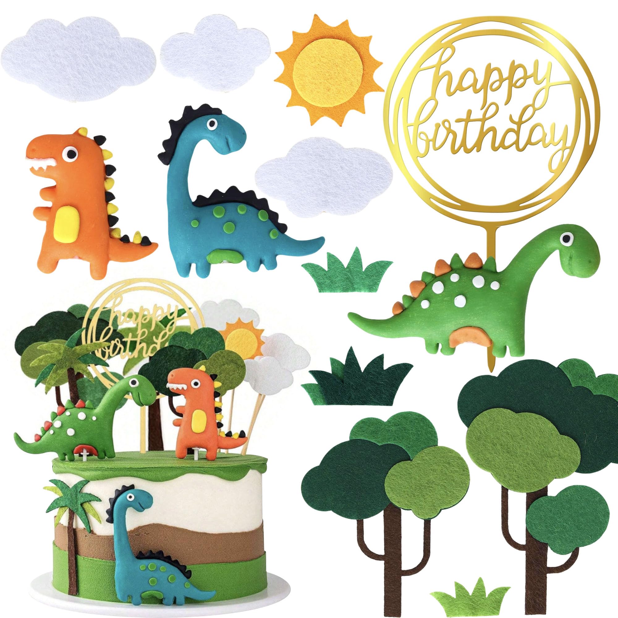 9 Stück Dinosaurier Tortendeko DIY Banyanbaum Gras Tiere Kuchen Deko Acryl Happy Birthday Cake Topper für Safari Tier Thema Baby Dusche Kinder Geburtstag Party Kuchen Dekorationen