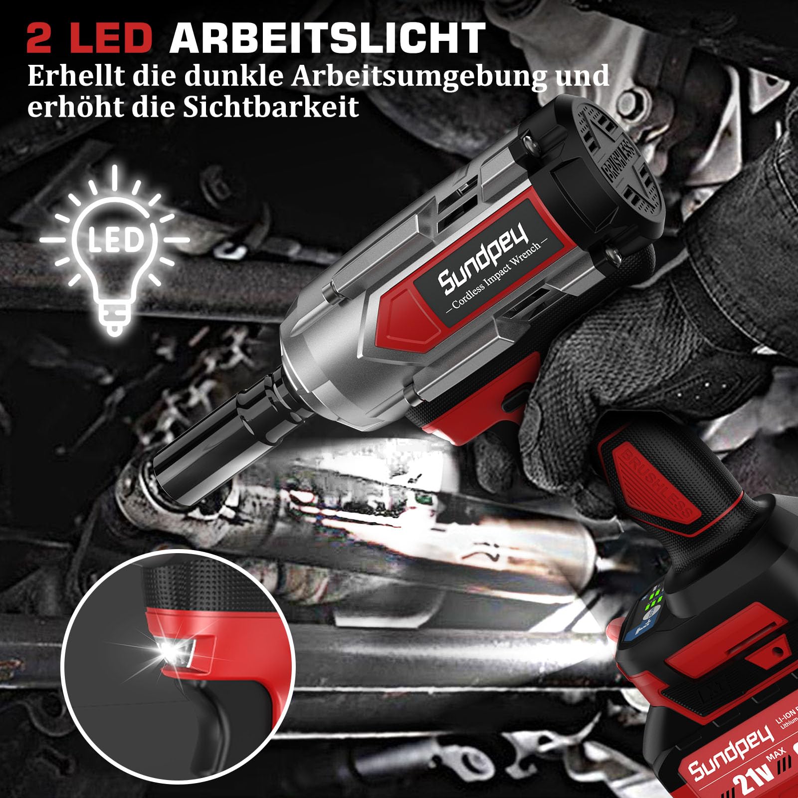 Sundpey Avvitatore ad Impulsi a Batteria 1200 Nm, Avvitatore ad Impulsi 1/2" con 2 Batterie 4.0Ah, 6 Bussoli per Avvitare e Svitare, Avvitatore a Percussione per Auto/Cantiere/Camion