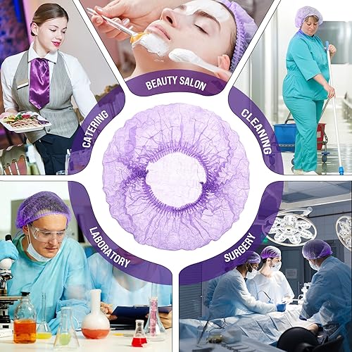 Miniatura 6 de 100 gorras para el cabello de 21 pulgadas, no tejidas, red elástica, para cubrir el cabello, sombreros para cosméticos, salón de belleza (morado)