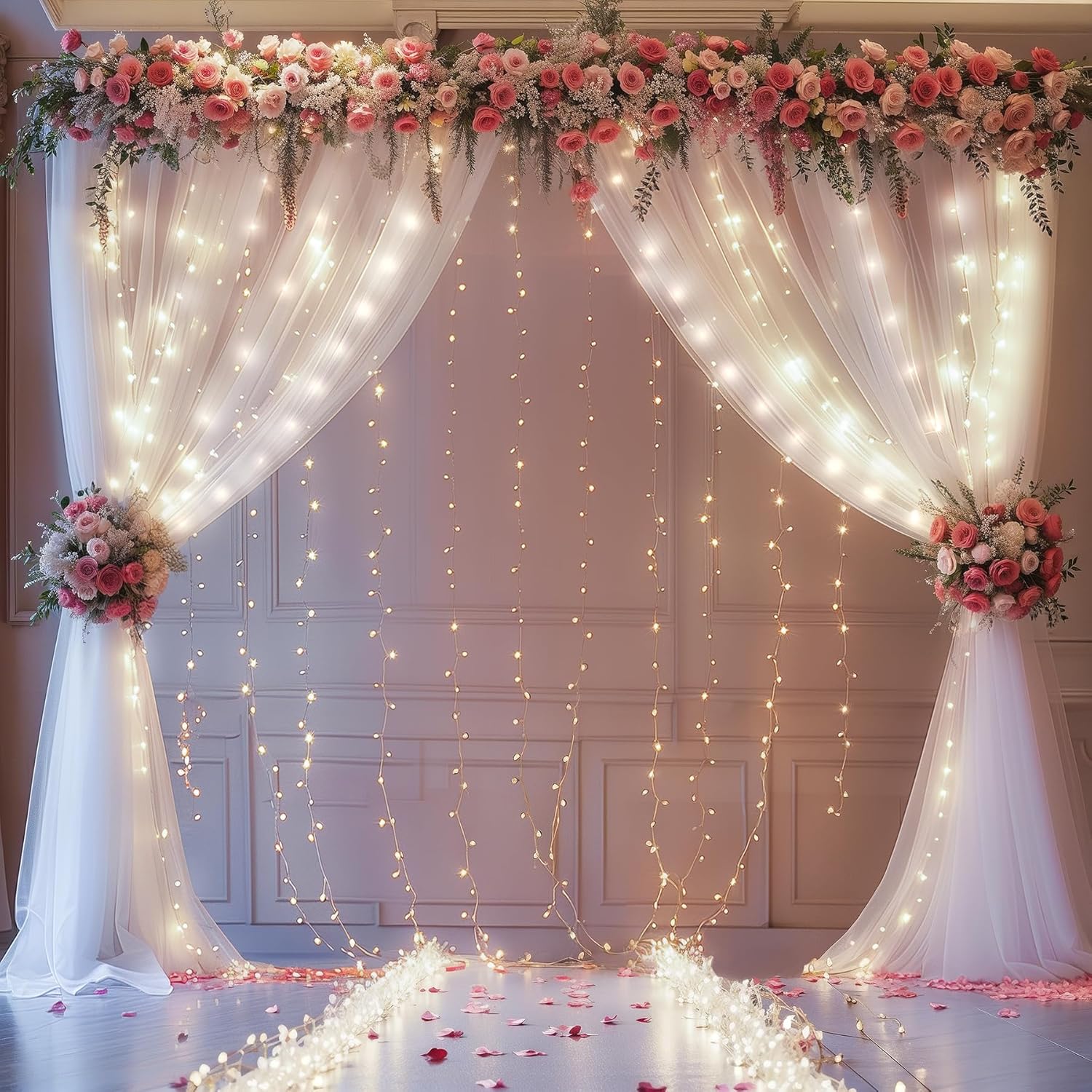 White Sheer Curtains with Lights String Tulle Curtain for Living Room Bedroom Parites Wedding Birthday Decorations 2 Panels 5ftｘ10ft