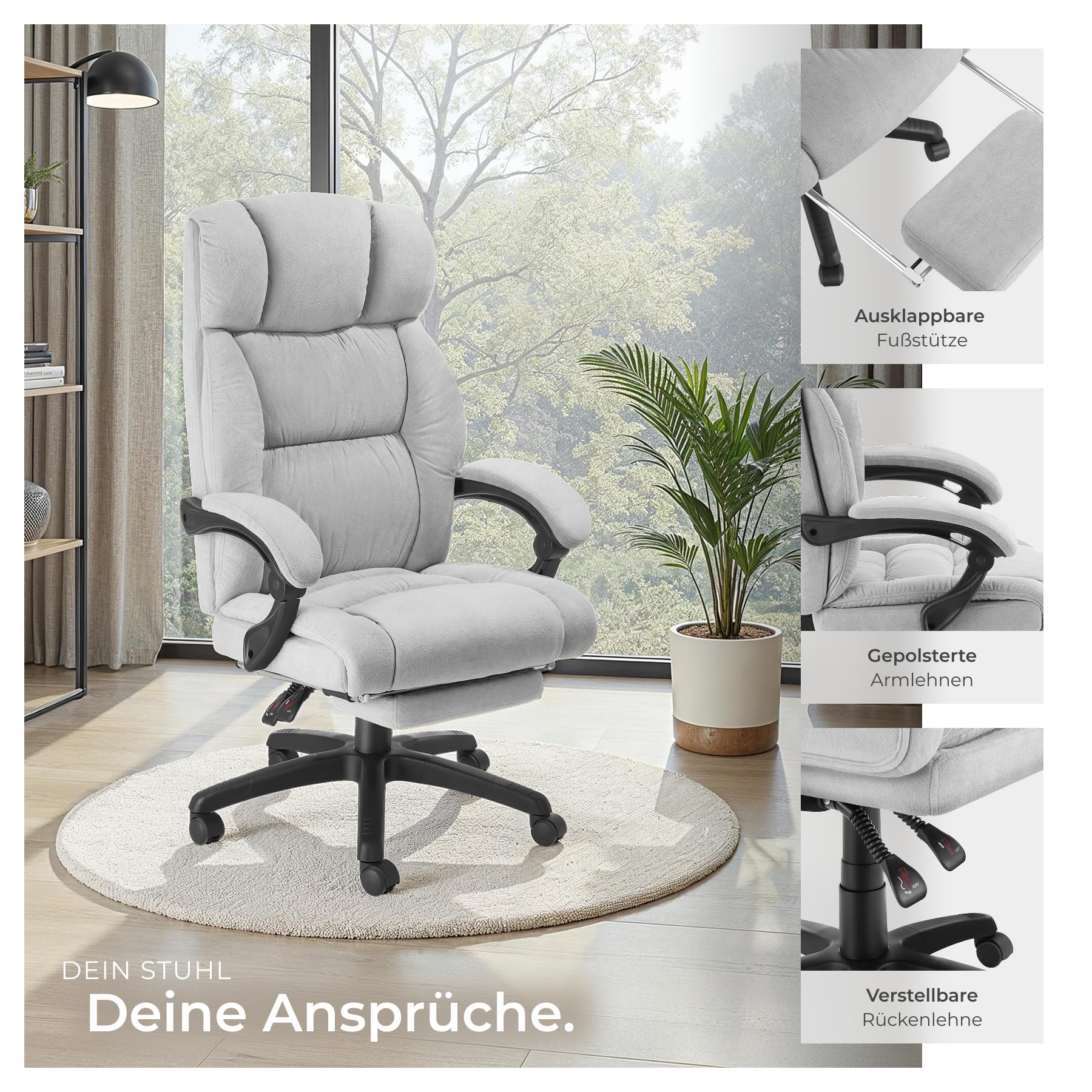 tectake® Bürostuhl ergonomisch, Velour Drehstuhl, Bürostuhl mit Fußstütze, Chefsessel Schreibtischstuhl, Sessel, Gaming Stuhl, Office Chair Ergonomic, Gaming Chair - grau