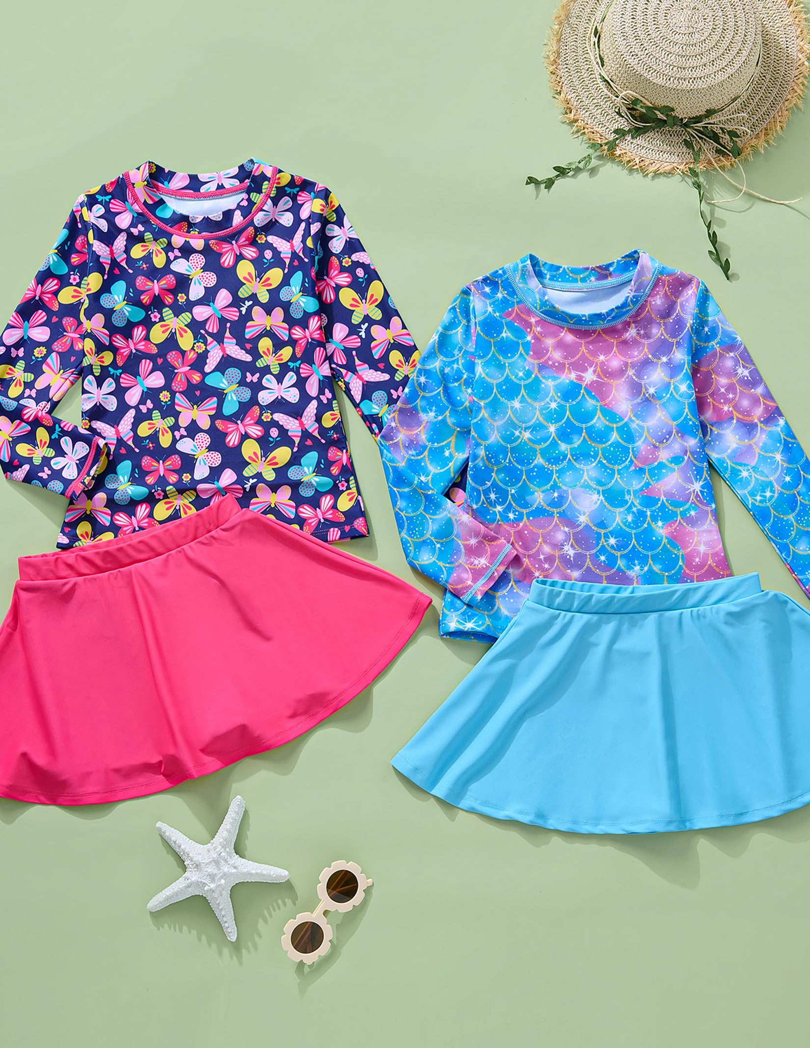 Liberty Pro 2er-Pack: Mädchen Rashguard Zweiteiliger Badeanzug Langarm Badeanzug – Kleinkind Bademode mit Röcken, Shorts, 3T-12Y