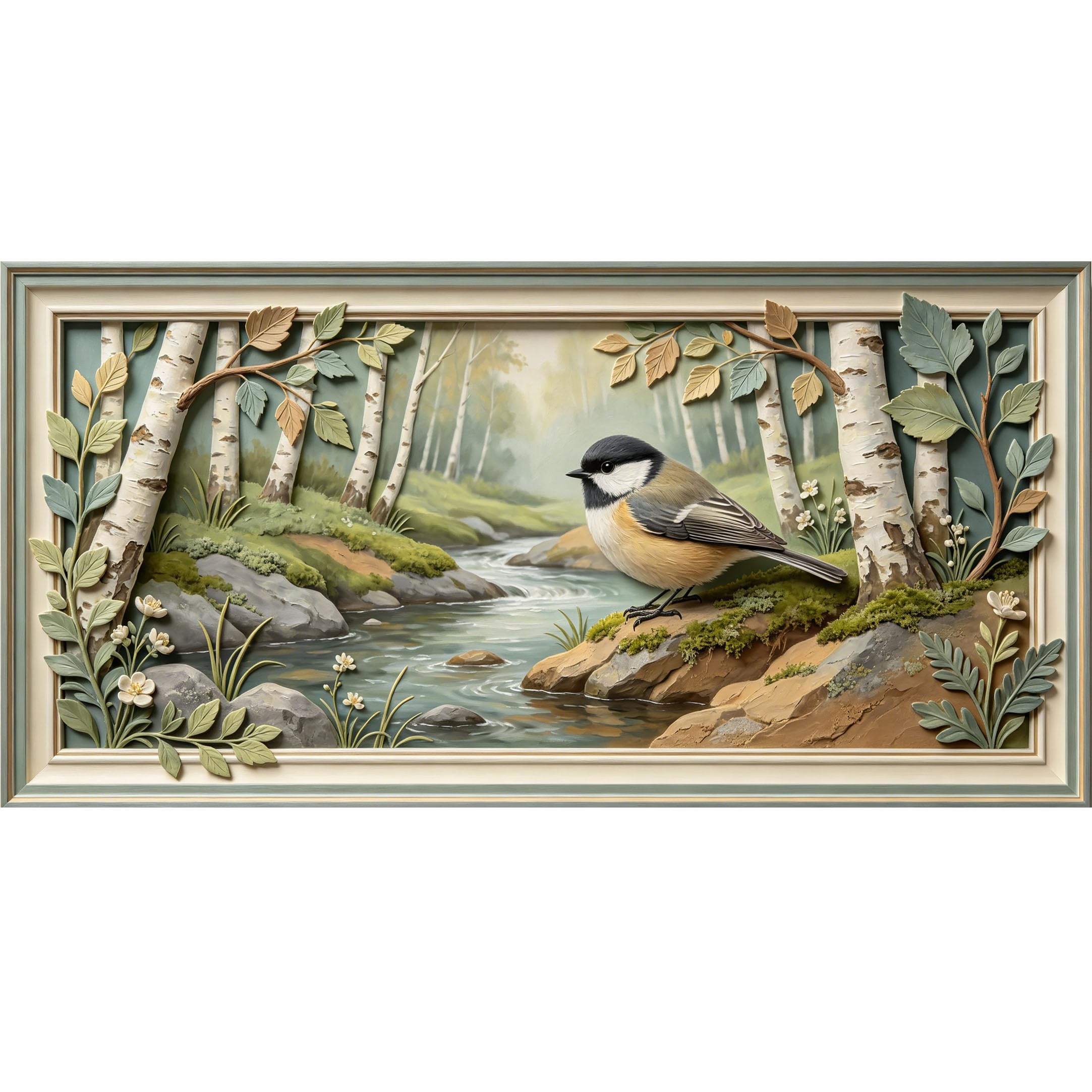 Agglomerix 3D Framed Wall Art Chickadee Bird Birch Tree Stream Forest Botanical Relief Effect Large Size SelfAdhesive Removable Wall Decor Prints Artwork for Living Room Bedroom Office