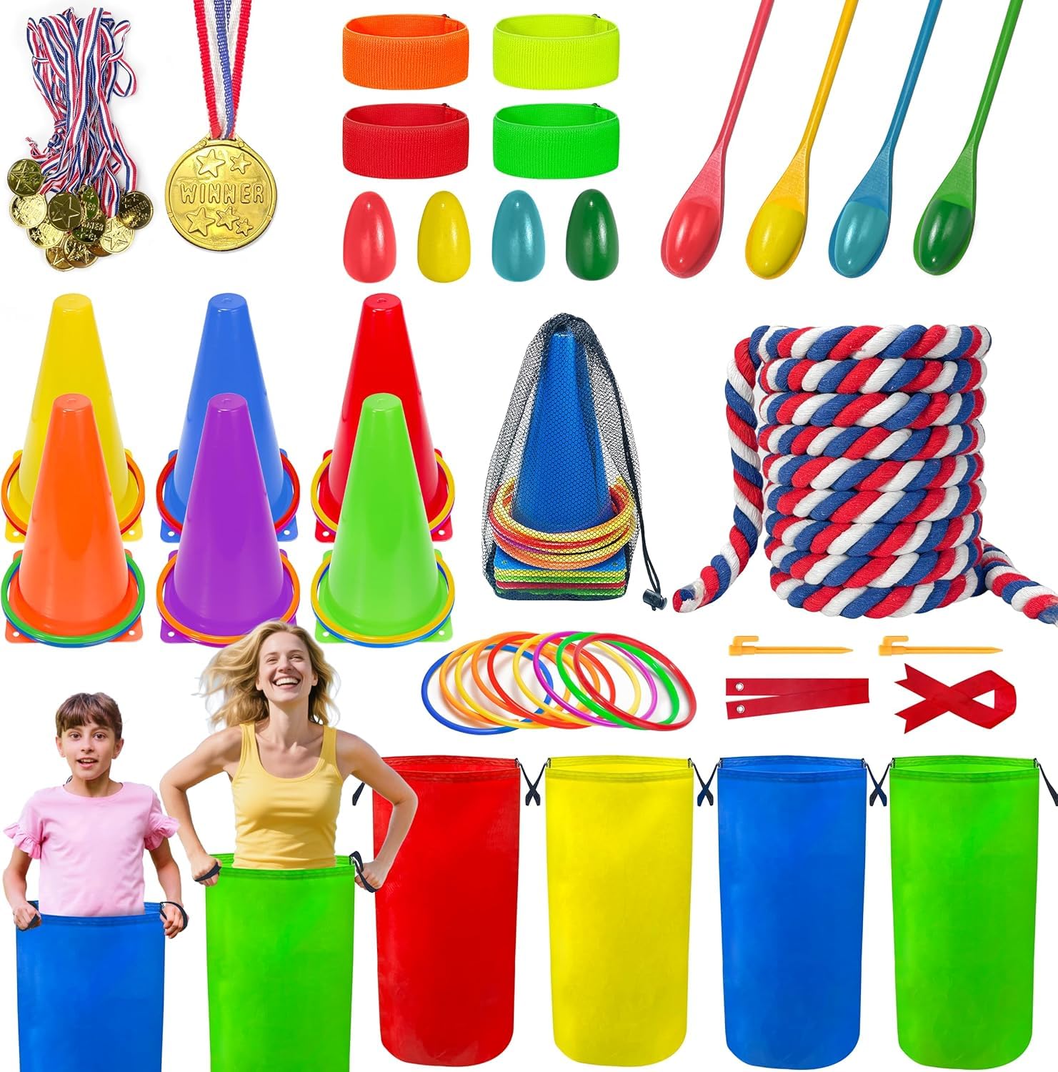 Field Day Games Outdoor Activities Carnival Games for Kids Adult Family, Tug of War Rope Potato Sack Bags for Kids Adults, Sports Day Games For Yard Games Indoor Outdoor for Carnival Games Combo Set