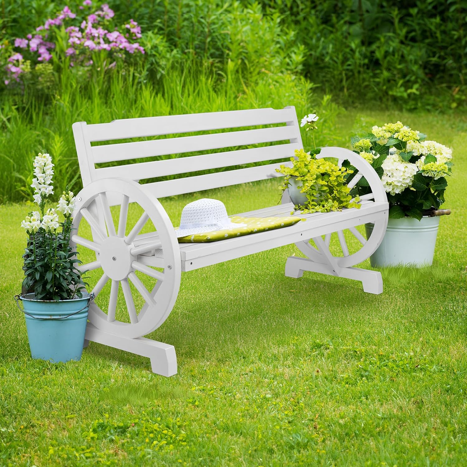 VINGLI 55" Rustic Wooden Wheel Bench Outdoor Bench, 2-Person Patio Bench Wagon Slatted Seat, Garden Benches for Outdoors 350lbs High Capacity, Weather Resistance (White)