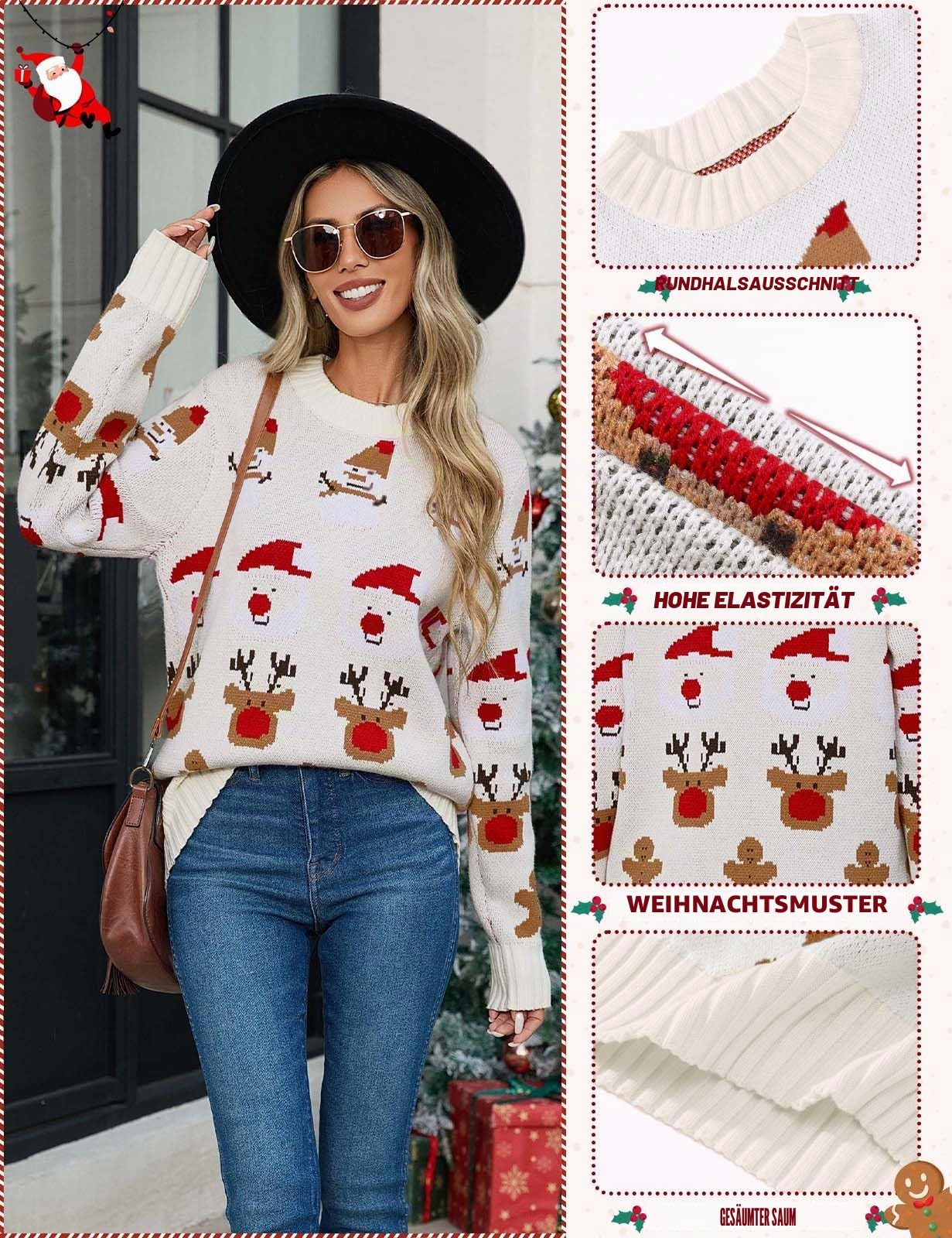 Weihnachtspullover Damen Lustige Pullover Warm Christmas Strickpullover Winter Rundhals mit Schneemann Elch Rote Herzstreifen Grün Weihnachtsbaum Pullis Oberteile Langarm Weihnachtskostüm