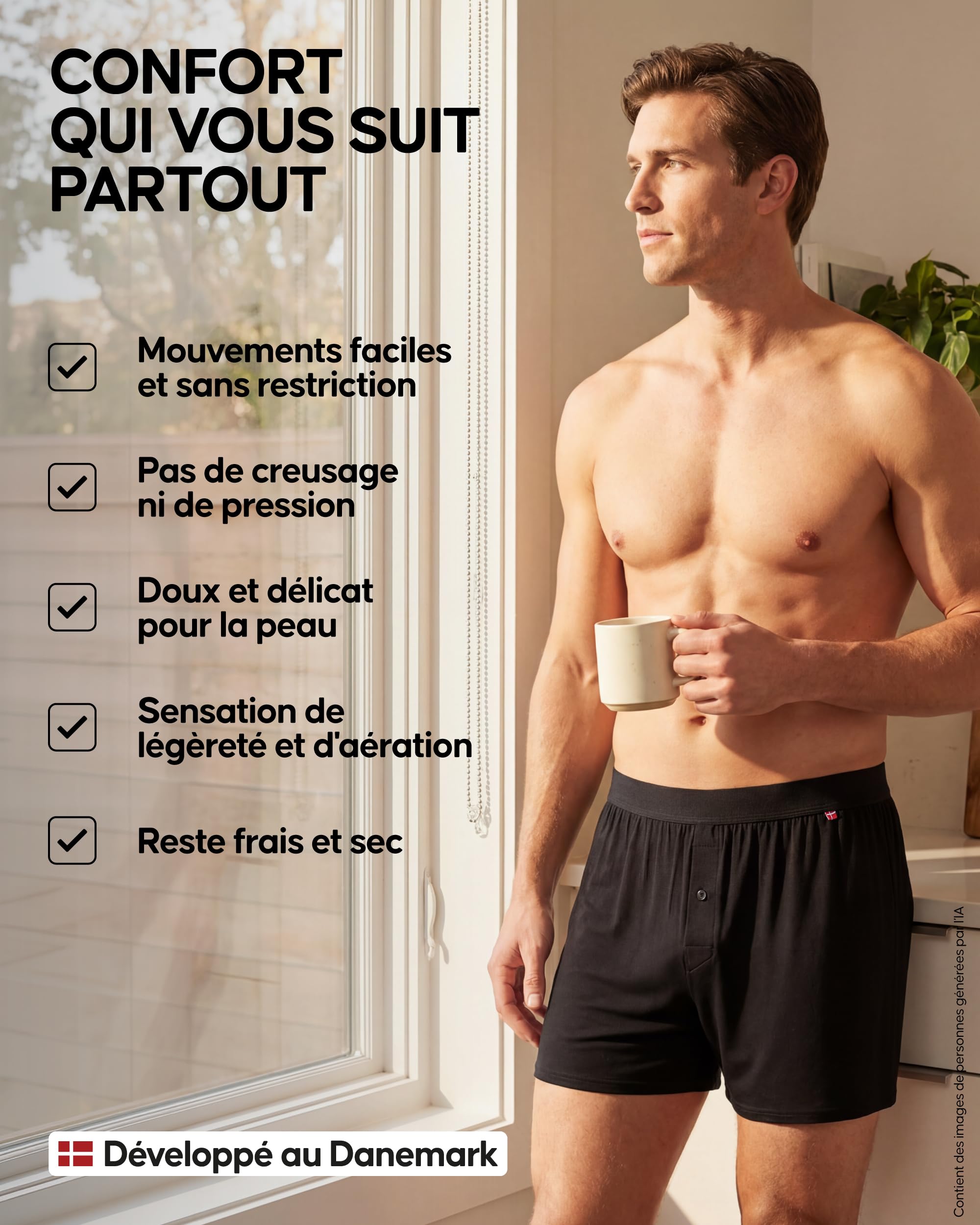 DANISH ENDURANCE Boxers Homme Amples en Bambou, Coupe Large, sous-Vêtements Respirants pour Hommes, Ceinture Dissimulée, Lot de 6