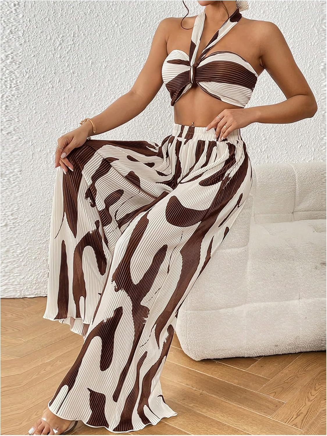 OYOANGLE Women's 2 Piece Vacation Outfits Graphic Print Knitted Crop Halter Top and Wide Leg Pants Set - Image 4