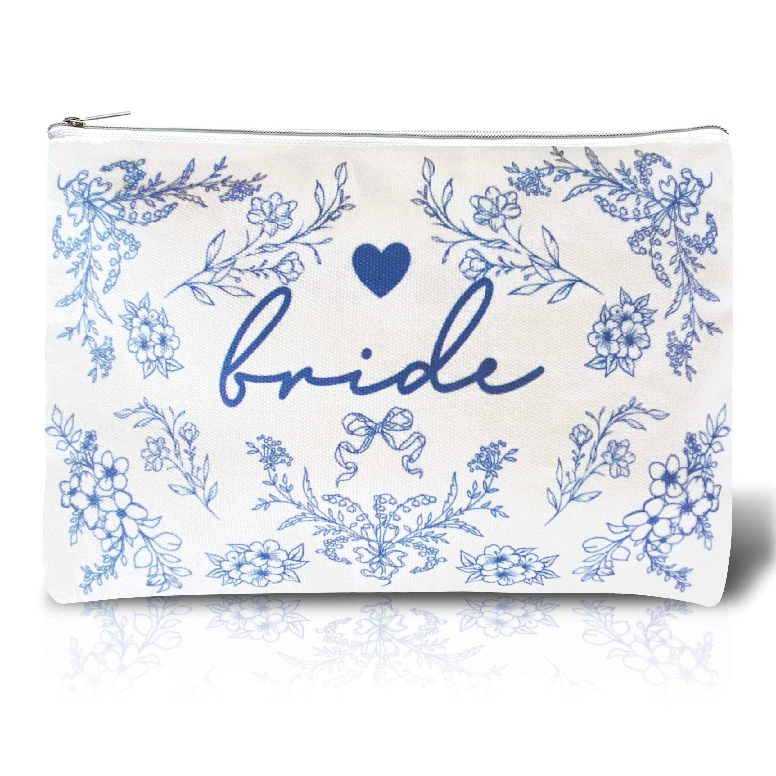 Bride Squad Elegant Bride Blue and White Makeup Bag Bachelorette Party Favors Floral Cosmetic Bag for Bridal Shower, Bride gifts, Wedding Gift