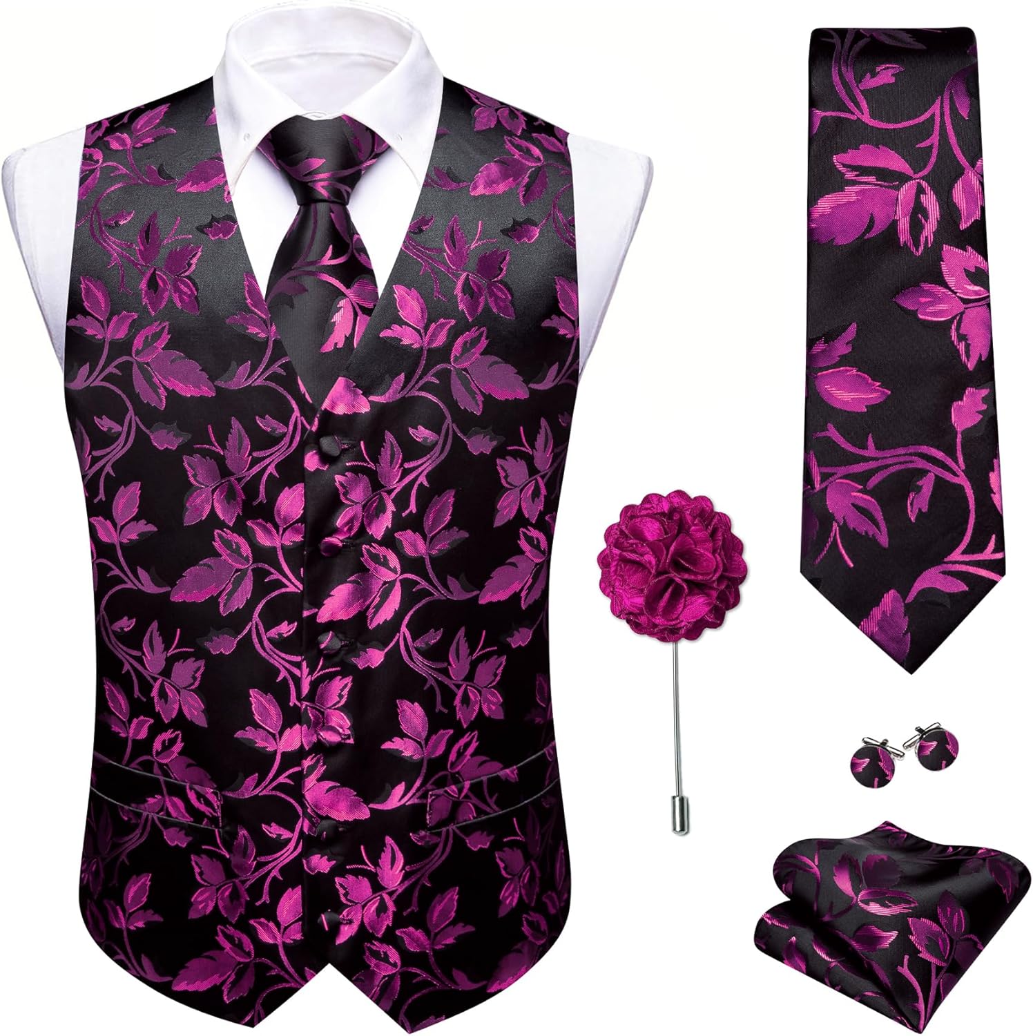 Barry.Wang Men's Formal Flower Paisley Jacquard Silk Vest Tie Set - Wedding Waistcoat 5PCS Suit Accessories