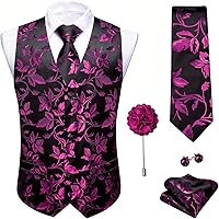Barry.Wang Men's Formal Flower Paisley Jacquard Silk Vest Tie Set - Wedding Waistcoat 5PCS Suit Accessories