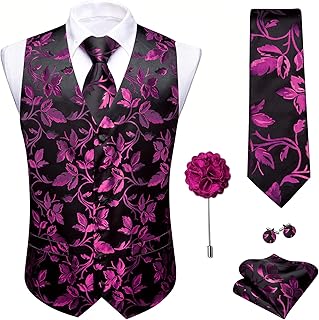 Barry.Wang Formal Men Flower Vest Paisley Jacquard Silk Ties Suit Waistcoat Set Wedding 5PCS