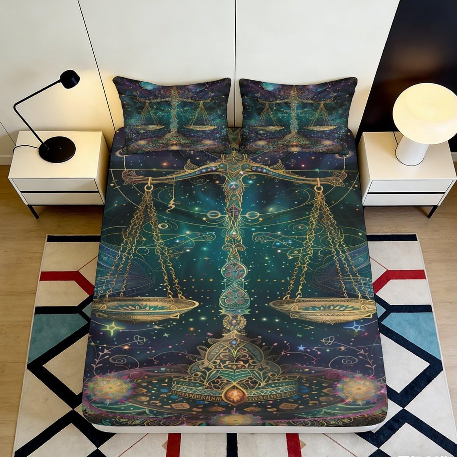 3D Printed Libra Constellation Fitted Sheet Microfiber Anti-Slip Zodiac Balance Bed Cover Bedroom Decor 90x200x25cm