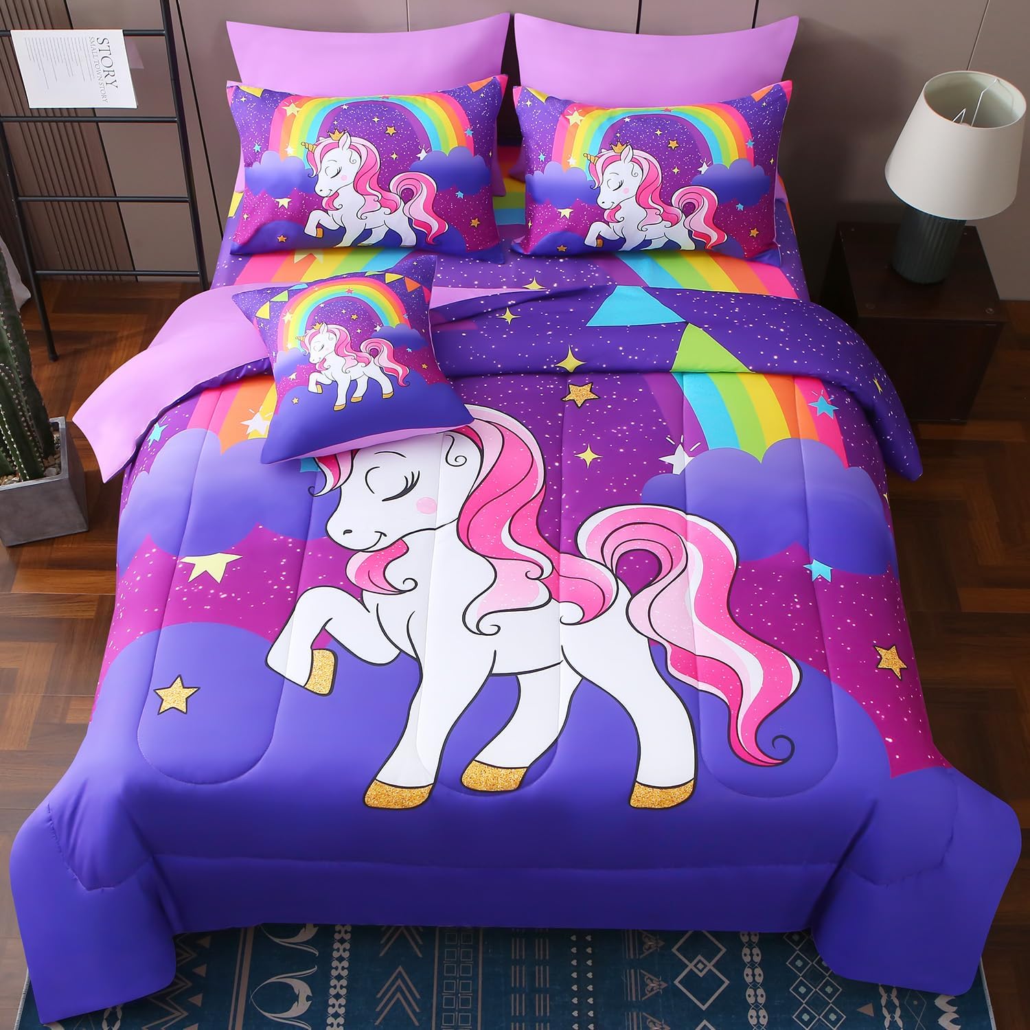 JQinHome Unicorn Queen Bedding Sets for Girls Kids,8 Piece Bed in A Bag 3D Purple Rainbow Theme Unicorn Comforter Set with Sheet Set(Rainbow) - Image 2
