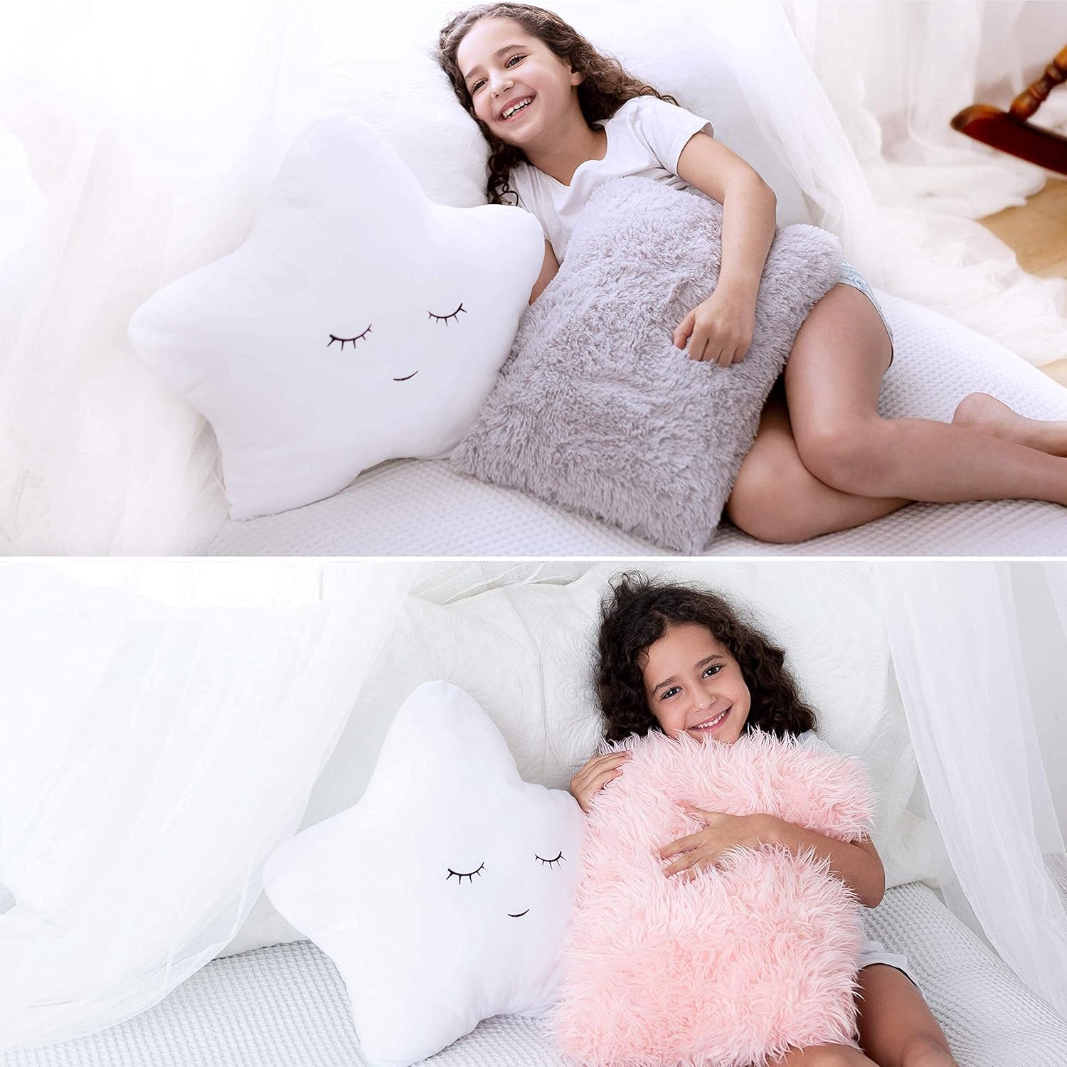 Perfectto Bundle – 4 Decorative Pillows for Girls - Star Pillow Fluffy White Embroidered, Furry Pink Faux Pillow, Star Throw Pillows for Kids and Soft Furry Grey Pillow. Kid’s Bedroom Décor