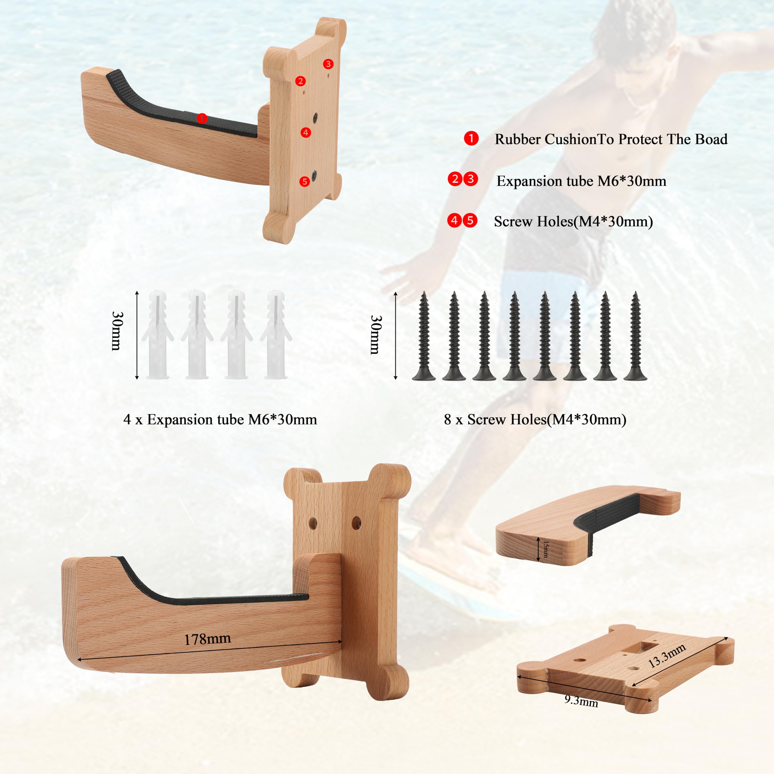 Soporte de pared para tabla de surf, ganchos de madera de haya con pernos M6, almacenamiento vertical para longboard, shortboard, skimboard