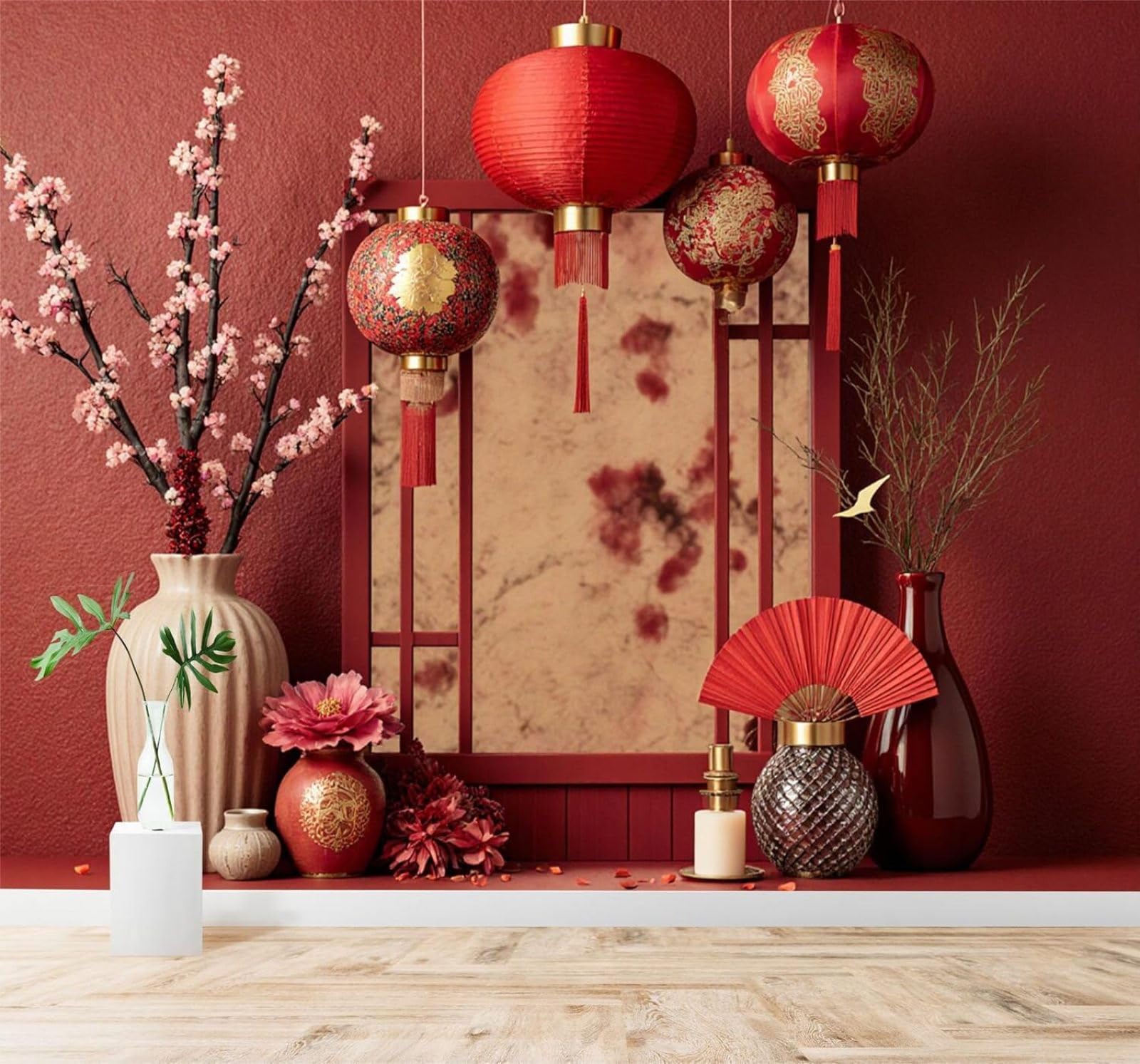 XLMING Three Dimensional Beautiful Cherry Blossoms Red Lanterns Vase 3D Wallpaper Silky Texture Home Study Office Grey Dining Room Sofa Bedroom Living Room TV Backdrop-200cm×140cm