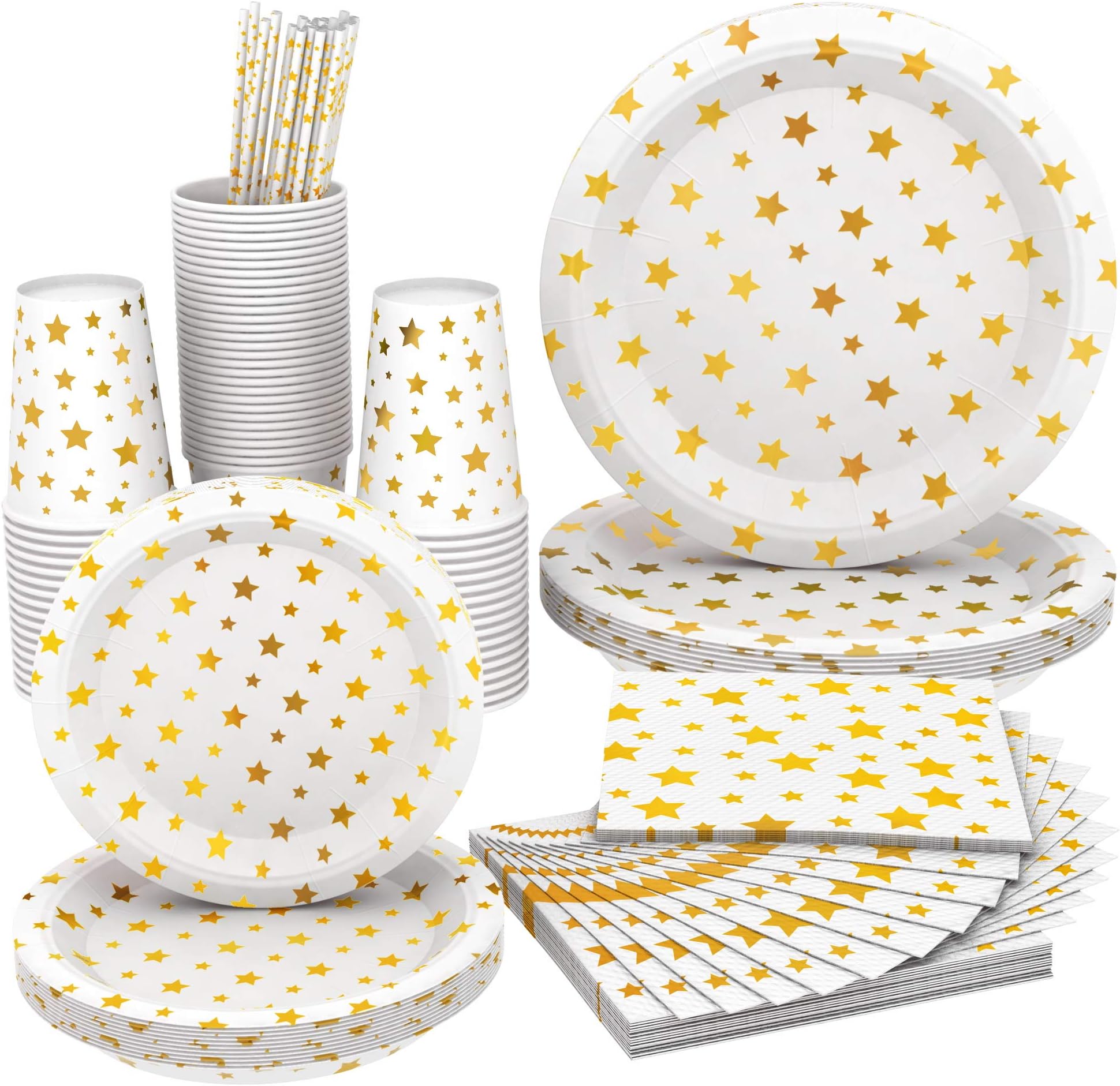 Full Fancy Disposable and Biodegradable Party Set,Paper Plates Two Sizes, Paper Cups, Paper Napkins and Paper Straws - White Color with Gold Stars [for Parties, Dinner or Decorations] - Wise Buy (12)