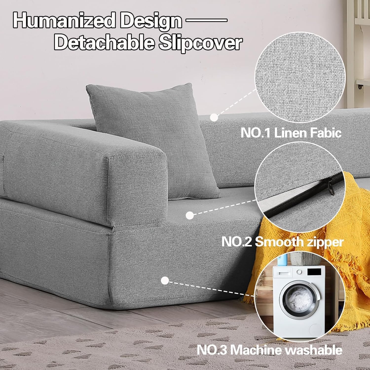 Convertible Floor Sofa Bed with 3 Ottomans, Memory Foam Fold Out Sleeper, Folding Mattress Futon for Living Room/Bedroom/Studio - Light Grey