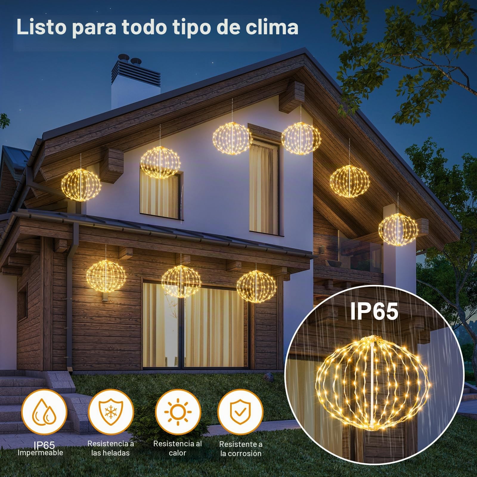 Auting Guirnalda Bolas Navidad LED Blanco Cálido 8 Modos 4 Piezas | Bolas colgantes extensibles de 20cm Ø para decoración llamativa, ideal para jardín, balcón e interiores