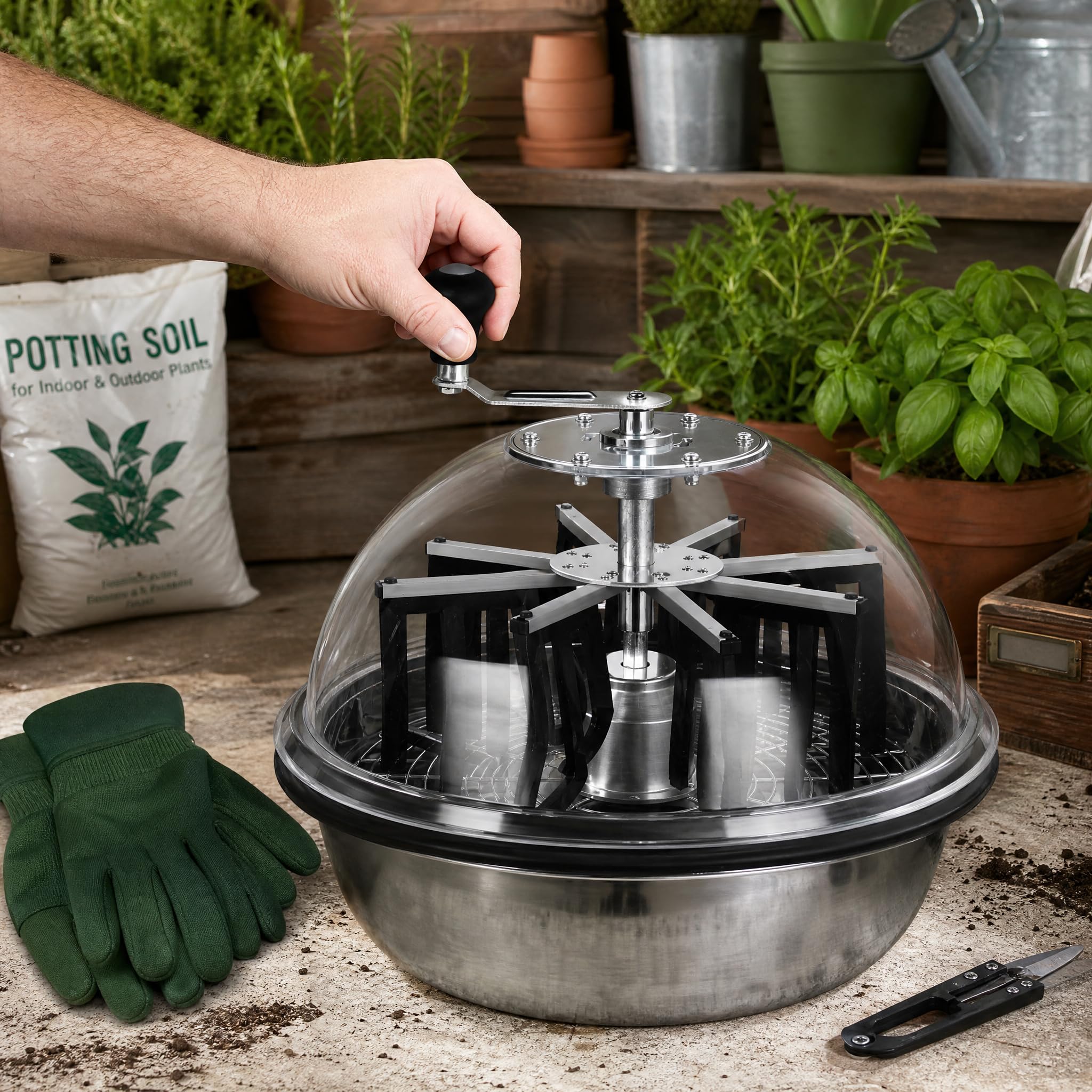 Máquina recortadora de cuenco de hoja de brote de 13 pulgadas con corte giratorio trenzado, engranajes mejorados, cuchillas afiladas de acero inoxidable, cúpula de visibilidad transparente para brotes