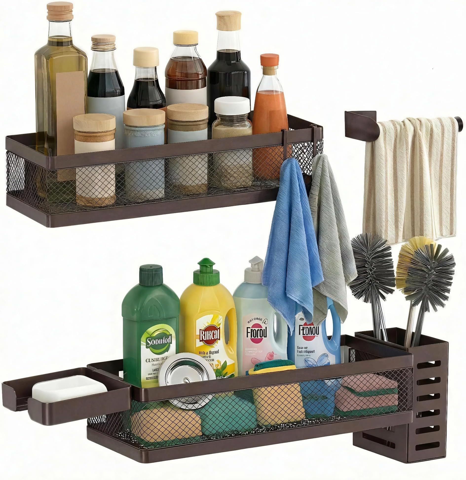 - 5-in-1 Wide Wall Mount Wrapped Mesh Kitchen Organizer & Shower Caddy Kit, with Paper Towel Holder, Utensil Holder, Soap Dish, Heavy Duty 50LBS - Vintage Bronze, Netting