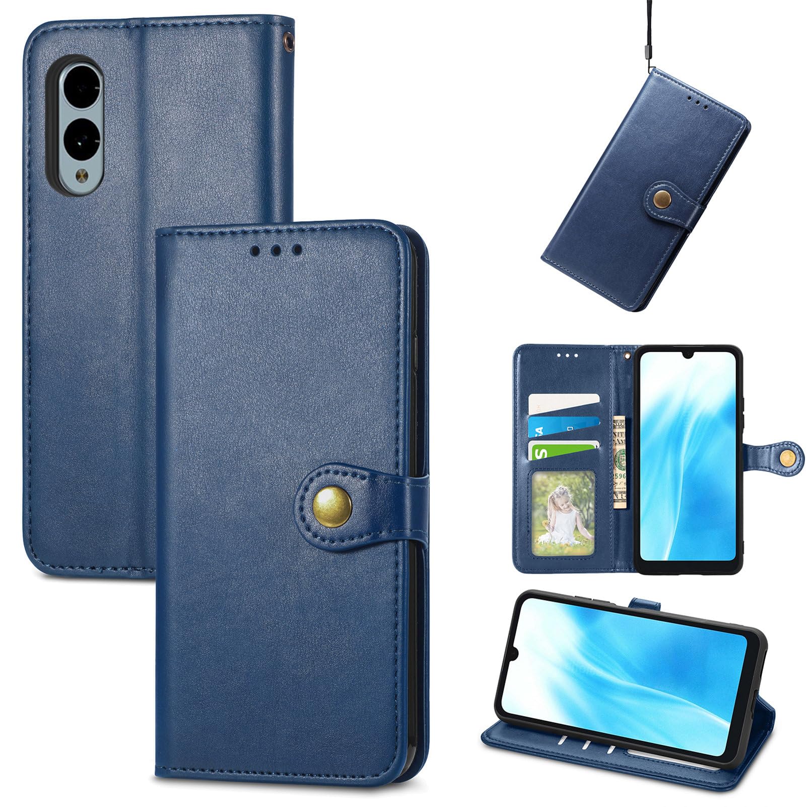 for Arrows We2 F-52E ケース 手帳型 ビジネスフリップノートレザーケースシンプルなレトロなファッション携帯電話ケース防水と汚れた携帯電話ケース多機能財布収納付きスタンド携帯電話シェルPUレザー保護カバー耐久性のある摩擦(ブルー)