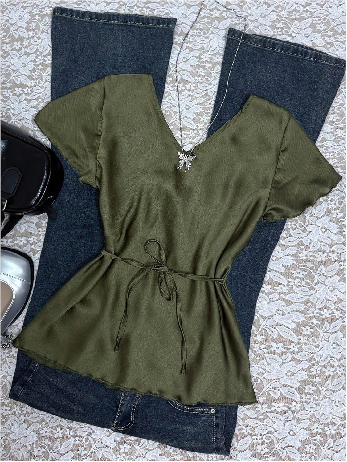 SOLY HUX Women's Deep V Neck Blouse Tie Front Short Sleeve Shirts Tops Summer Outfit - Image 2