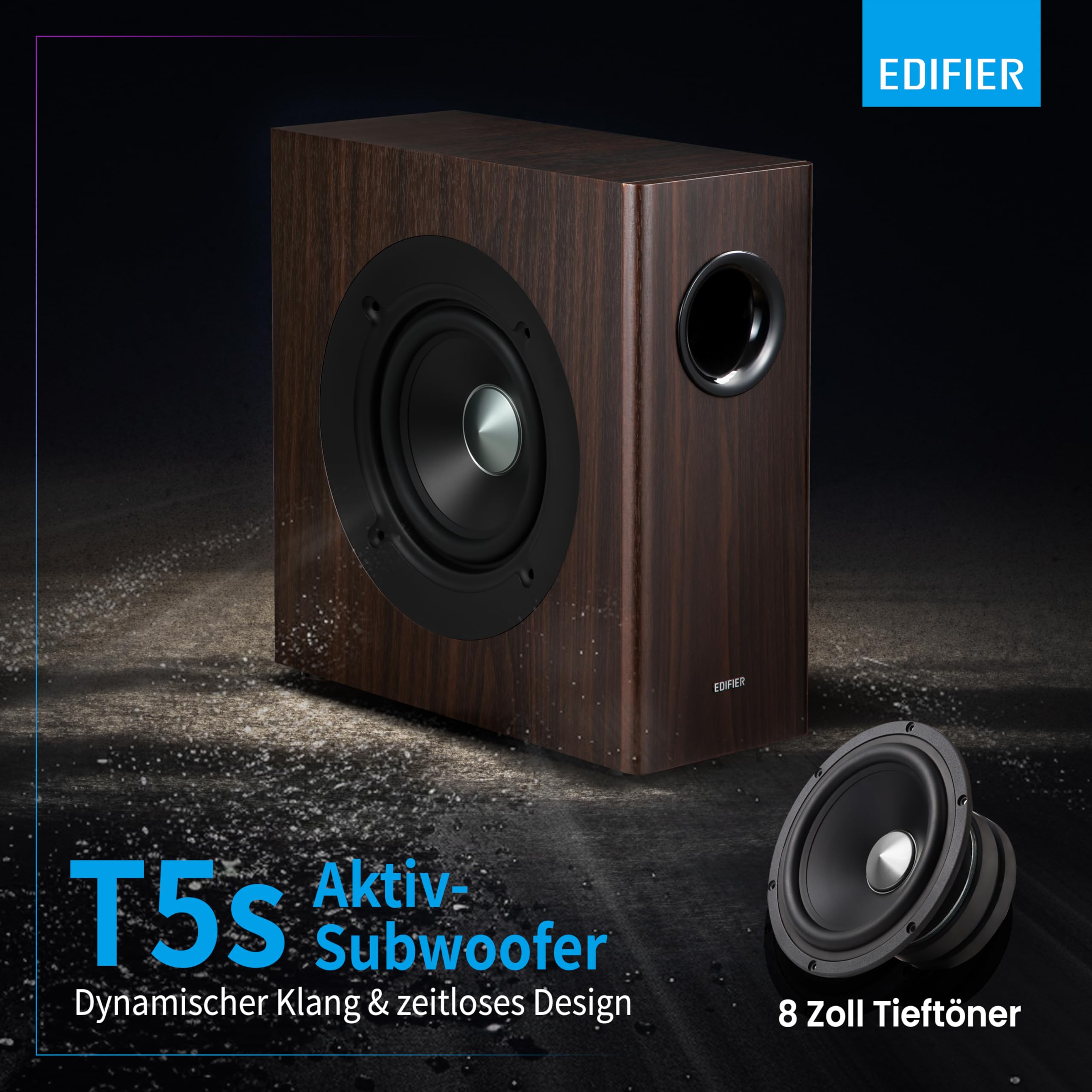 Edifier T5s AKTIV-SUBWOOFER – 8-Zoll-Tieftöner – 70 Watt – Low-Pass-Filter – Frequenz bis 35Hz – MDF-Gehäuse für reduzierte Resonanz – Standby – Cinch-Anschlüsse – Zeitloses Design