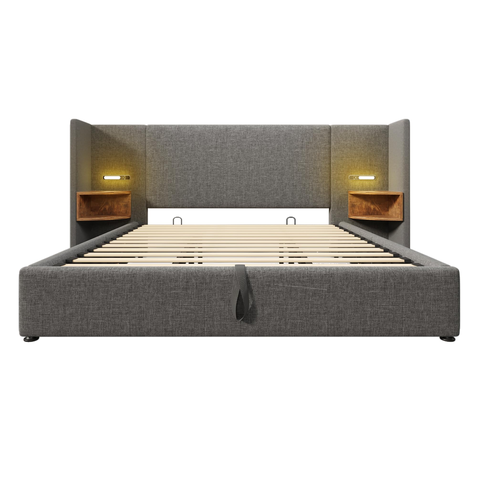 Letto imbottito 180 x 200 cm, comodino, lampada da lettura e ricarica USB C, rete a doghe legno massiccio e metallo, lino grigio