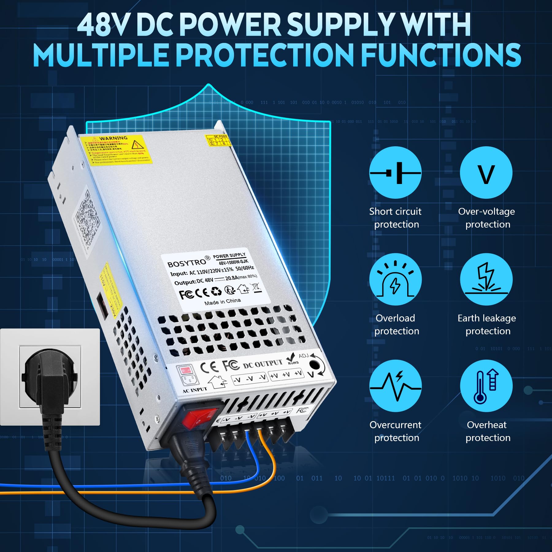 Ulepszony zasilacz impulsowy 48 V 20,8 A 1000 W, transformator LED 230 V na 48 V, DC 48 V, przetwornica napięcia, z kablem sieciowym i wyłącznikiem bezpieczeństwa, transformator do ogrzewania