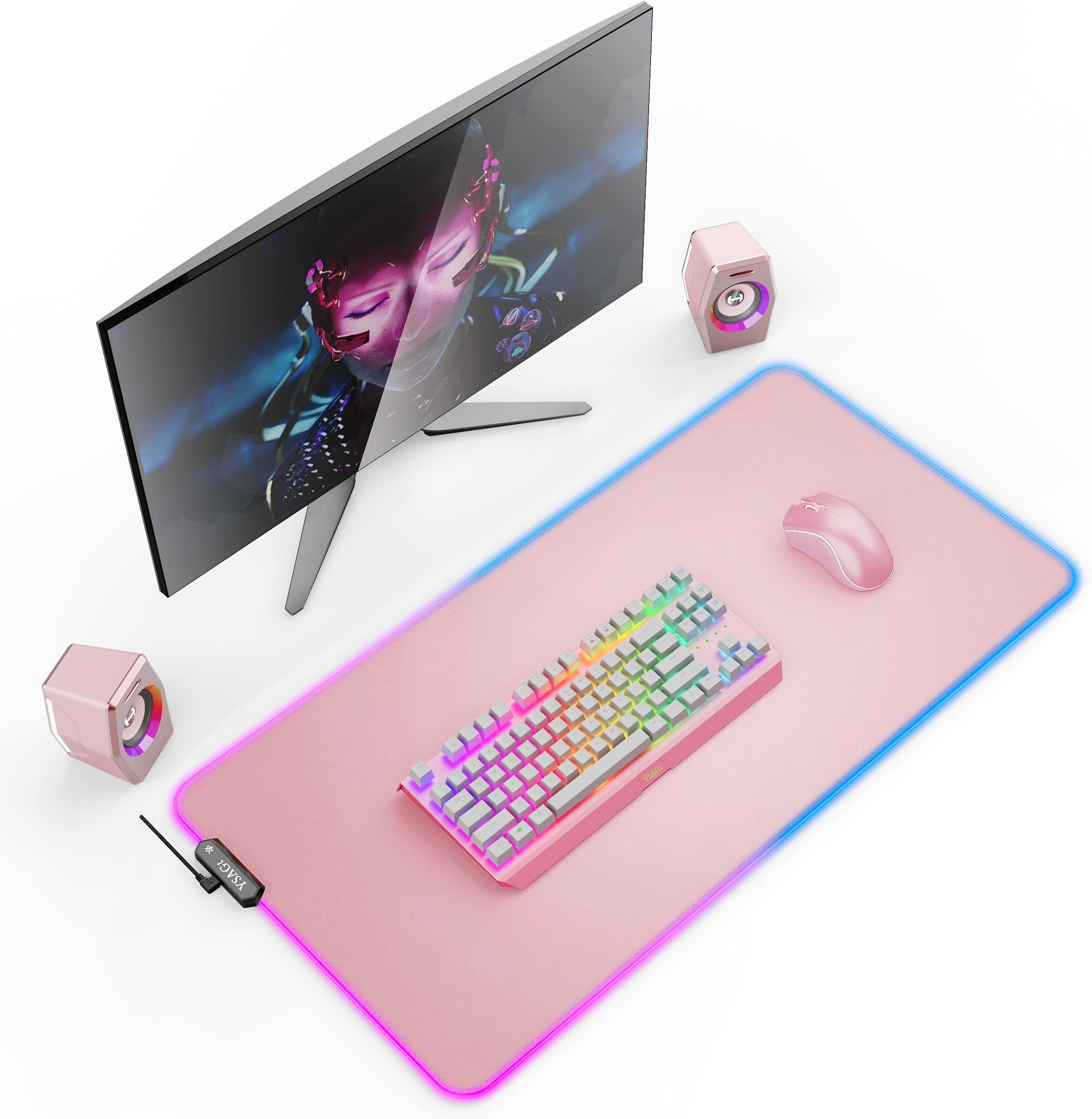 YSAGi RGB Gaming Mouse Pad, Multifunctional Gaming/Office Mouse Pad, PU Leather Waterproof Surface, Computer Keyboard Mouse Mat, Non-Slip Rubber Base (Pink, 31.5'' x 15.7'')