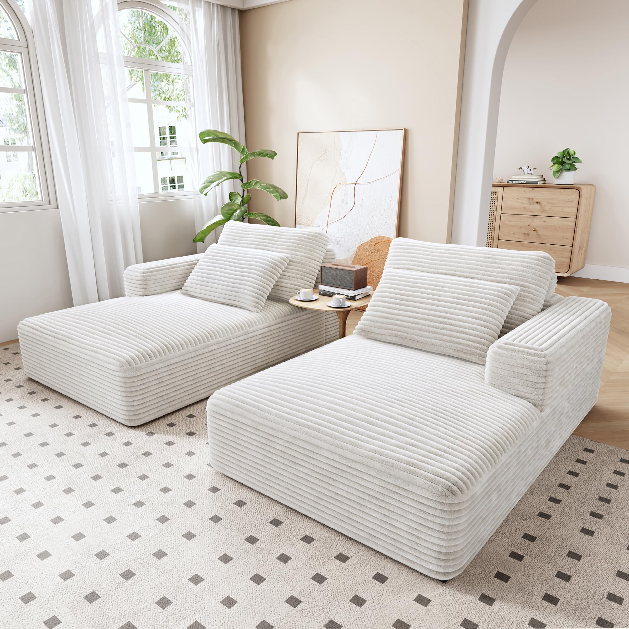 LIKIMIO 93" Double Chaise Lounge Sofa Bed - Plush Corduroy, No Assembly, Deep Seat Cloud Couch for Living Room, Home Theater (Beige)