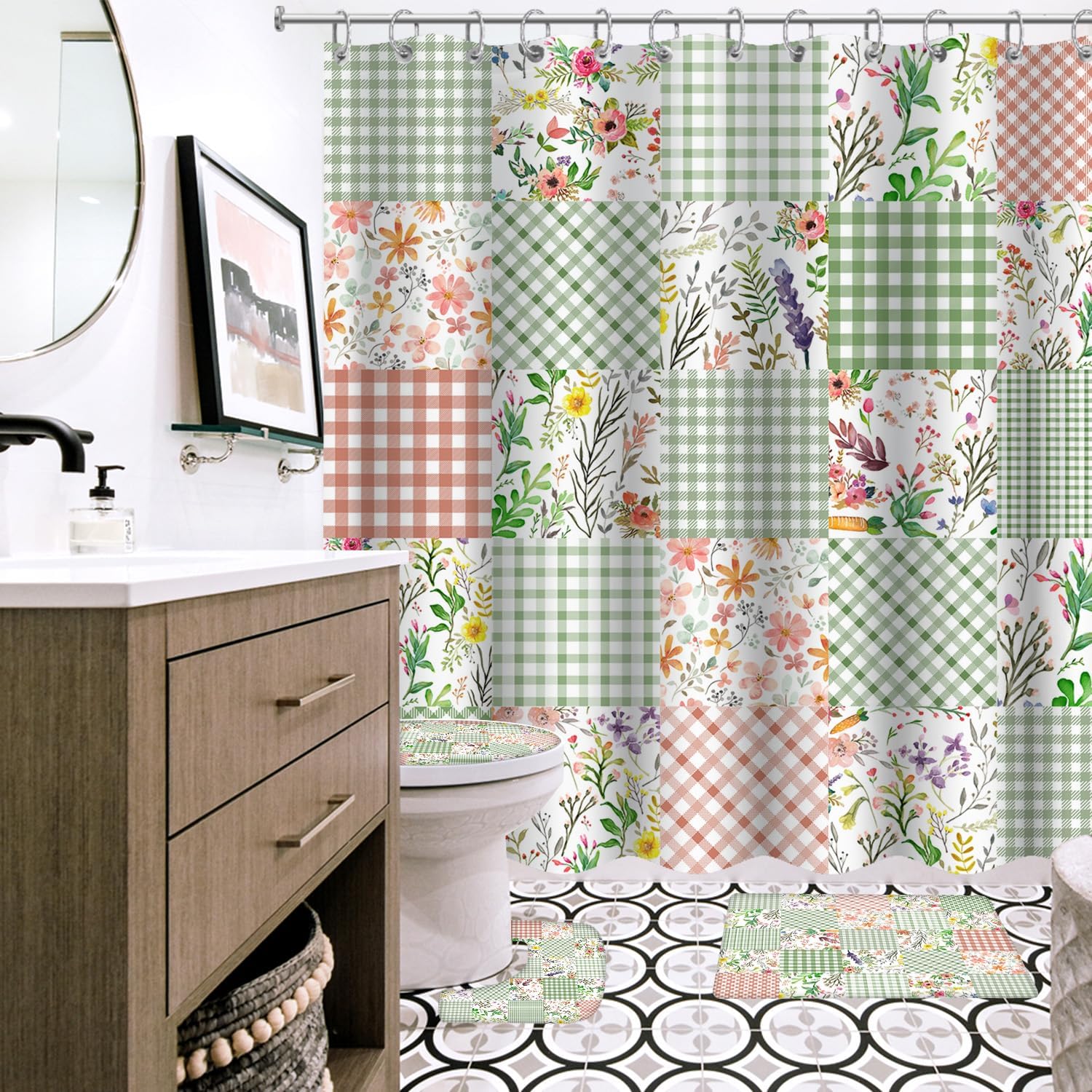 4 Pcs Sage Green Buffalo Plaid Shower Curtain Sets with Rugs Botanical Floral Bathroom Set Spring Boho Home Bath Bathtub Decor Durable Curtains Mats for Bathroom 72 in