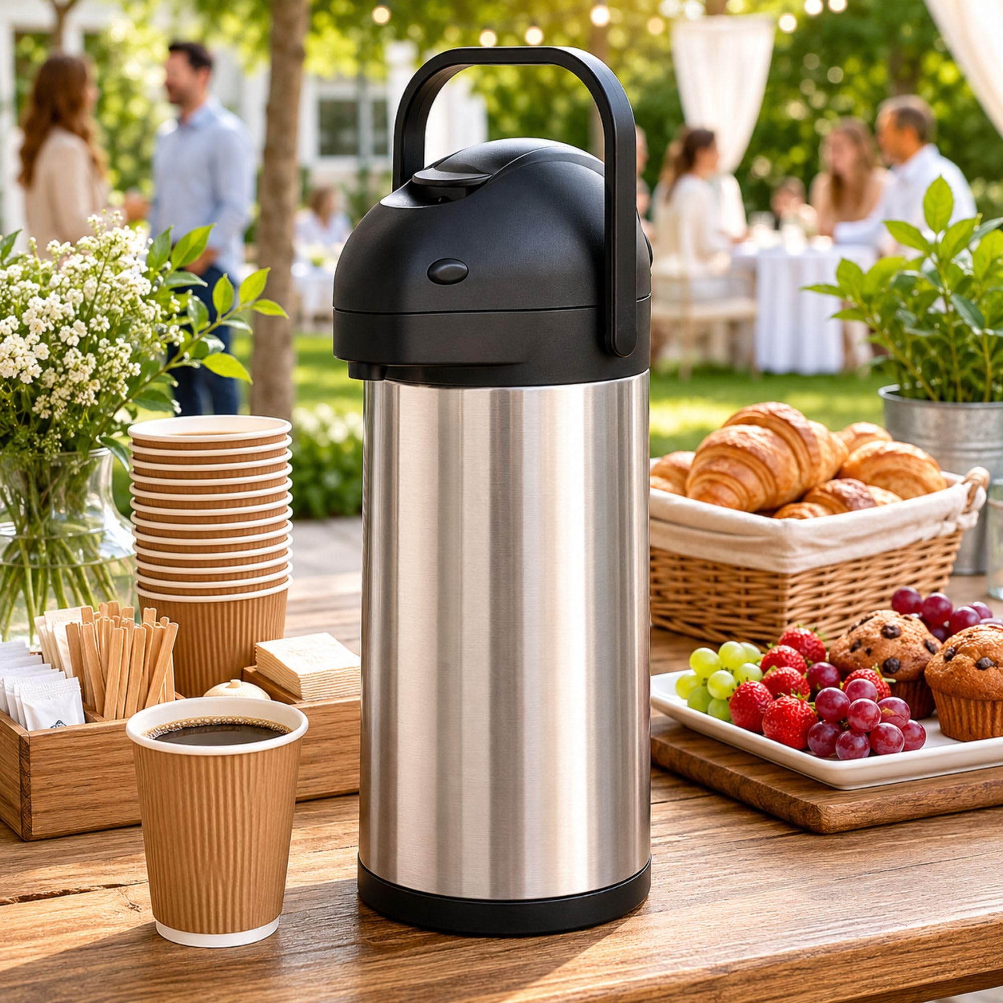 Restaurantware Met Lux 3 Liter Kaffeespender 1 Pumphebel Kaffeepumpspender – 24 Stunden Wärmespeicherung, eingebauter Griff, silberfarbener Edelstahl, Airpot Thermo-Kaffeekaraffe für Flughäfen