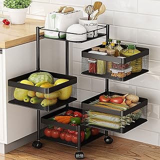 CNCEST 4-Layer Fruit Basket Storage Rack, Metal Basket Kitchen Rolling Storage Car with Wheels Snack Car Fruit and Vegetable Storage Rack Kitchen Pantry Storage Organizer 10.4 