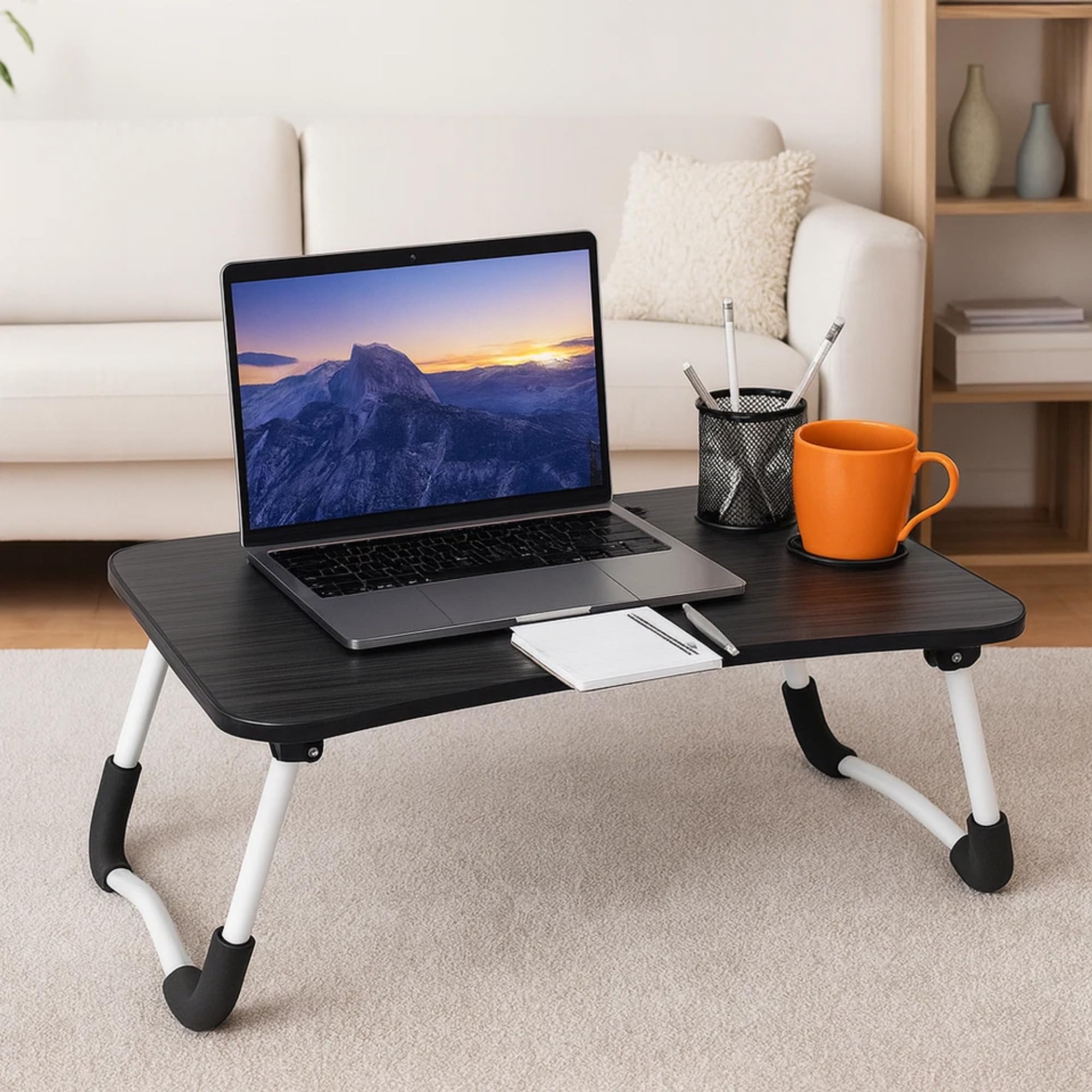 Foldable Laptop Table for Bed & Sofa – Portable Lap Desk Stand Tray for Work, Study, Reading & Breakfast – Multi-Purpose Laptop Desk 60x40x26cm (Black Wood Grain)