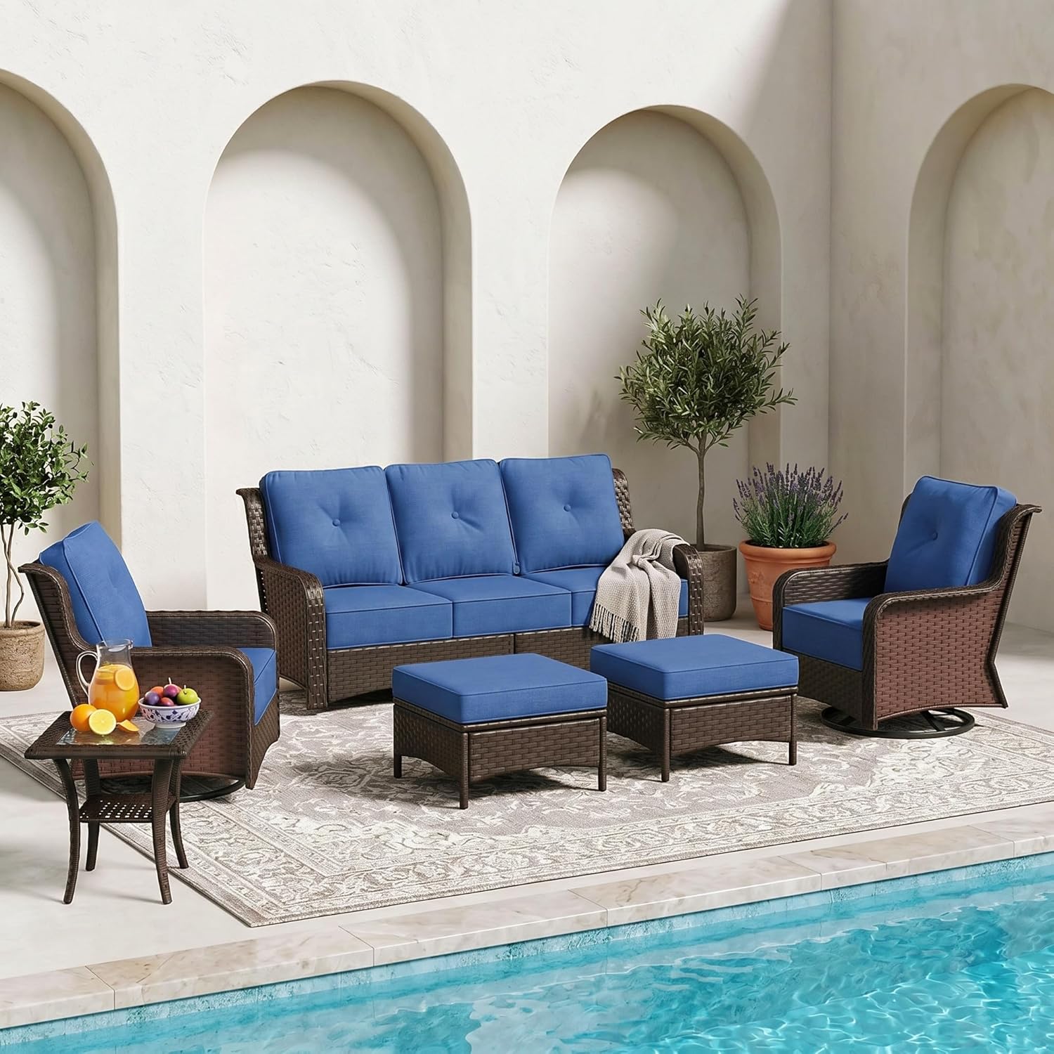 Sundale Outdoor Wicker Patio Furniture Set with Swivel Chairs, 6 Piece Rattan Outdoor Furniture Set with 6" Cushions, High Back Patio Conversation Sets with Deep Seating for Yard, Deck (Blue)