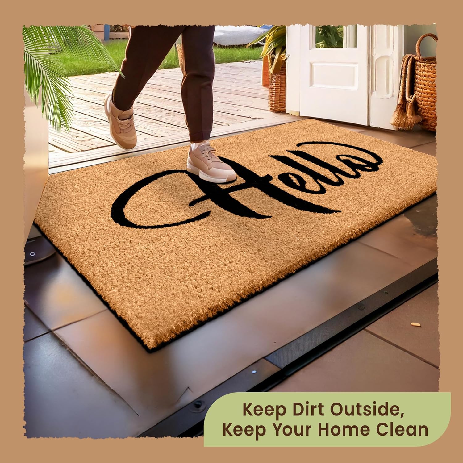 Hello Door Mat Outdoor Coco Coir Doormat, with Heavy-Duty PVC Backing - Natural - Perfect Color/Sizing for Outdoor/Indoor uses. (36 x 17, Hello Script-17)