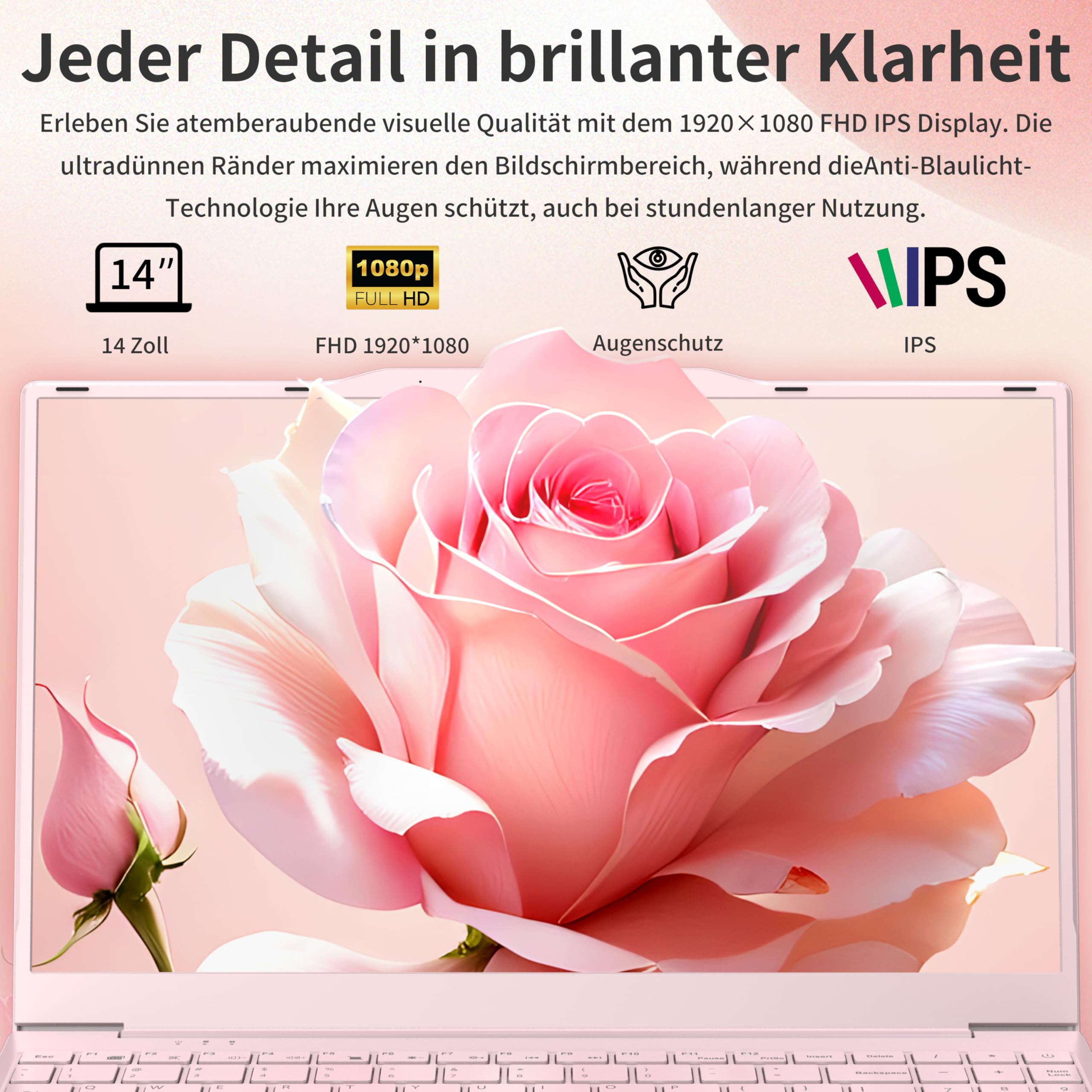 Computer Portatile Rosa Pastello 14 Pollici – 16GB RAM, SSD 512GB, Full HD, Processore N5095 – Leggero 1,4kg – Windows 11 - 4