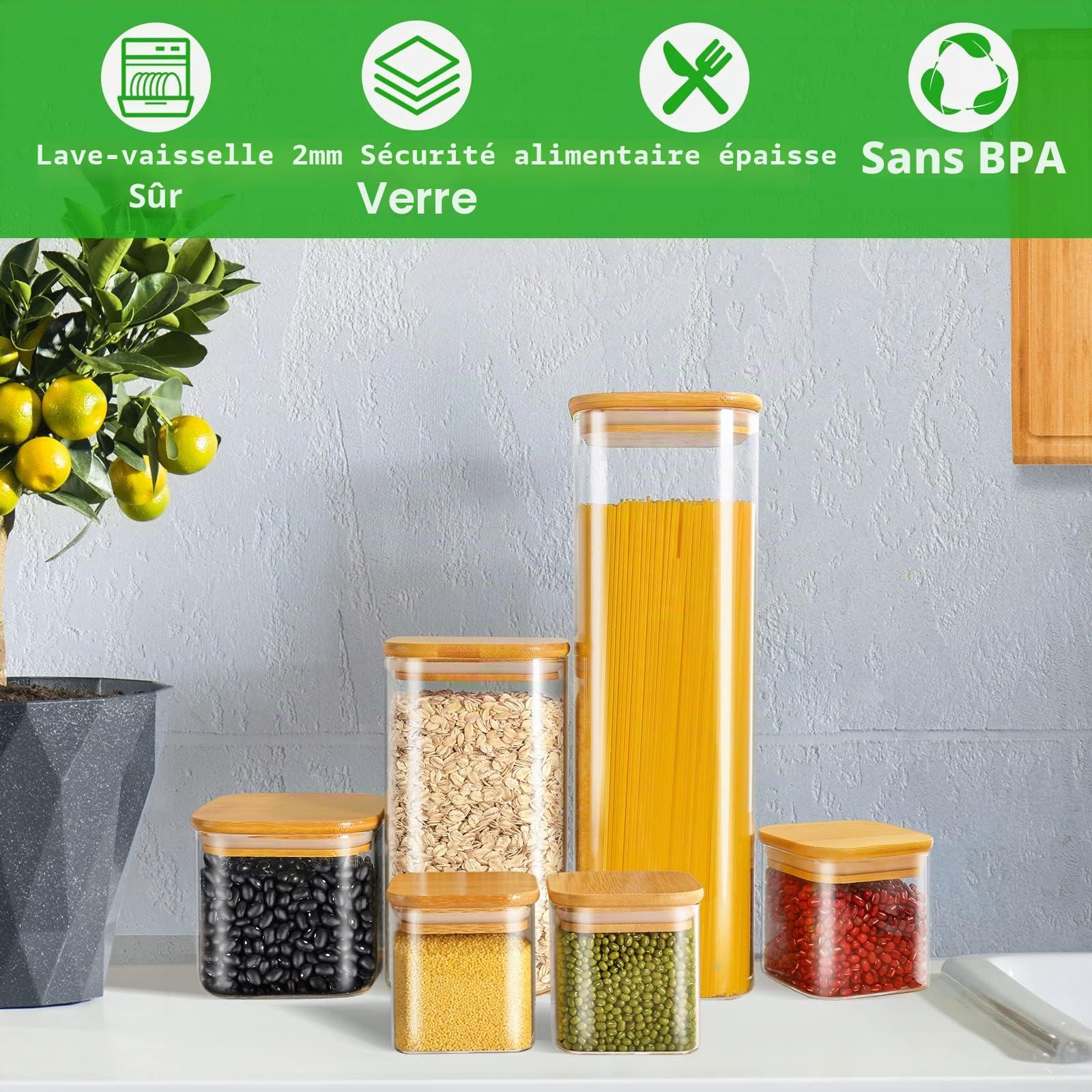 FINEW Lot de 10 boîtes de conservation en verre avec couvercle hermétiques - 2500 ml/1500 ml/750 ml/350 ml - Grand récipient en verre - Pour spaghetti, céréales, farine, épices