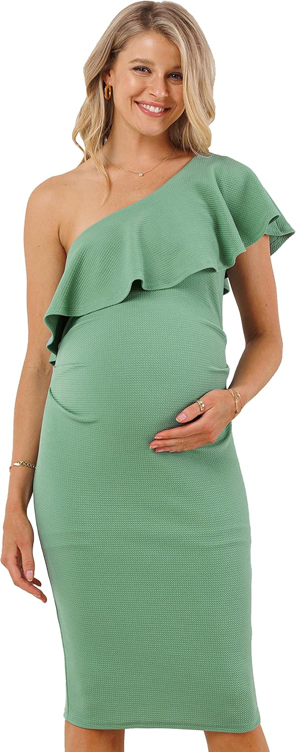LaClef Women's Maternity Ruffled One Shoulder Side Ruching Dress